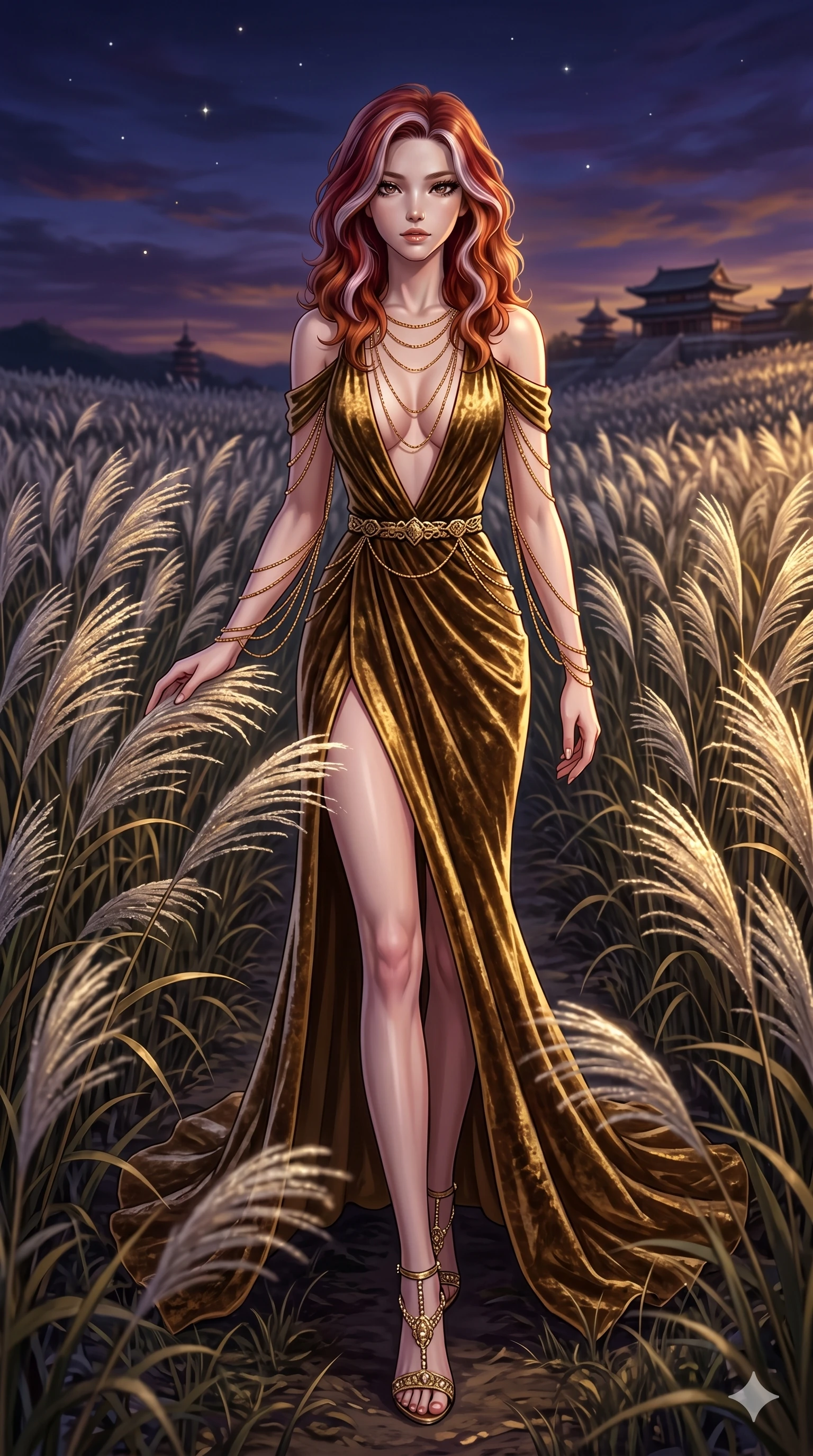 score_9, masterpiece, best quality, ultra-detailed, High-budget Anime Keyframe, East Asian woman. Dynamic full-body shot stretching the vertical silhouette to the limit. Scenario 108: Walking through a field of tall silver grass at twilight. Her presence is magnetic and overpowering in this high-budget anime scene. Outfit 108: A crushed dark velvet gold with a low-cut shoulder and fine gold chains. The clothing is designed to emphasize her exceptionally tall and slender 8-heads proportion. 8-heads proportion, towering silhouette, ultra-slim waist. sharp v-shaped jawline, intricate jewel-like eyes with depth, thick eyelashes, glossy lips. 2k, ultra detail, master piece, 9:16 ratio