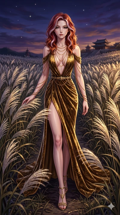 score_9, masterpiece, best quality, ultra-detailed, High-budget Anime Keyframe, East Asian woman. Dynamic full-body shot stretching the vertical silhouette to the limit. Scenario 108: Walking through a field of tall silver grass at twilight. Her pres