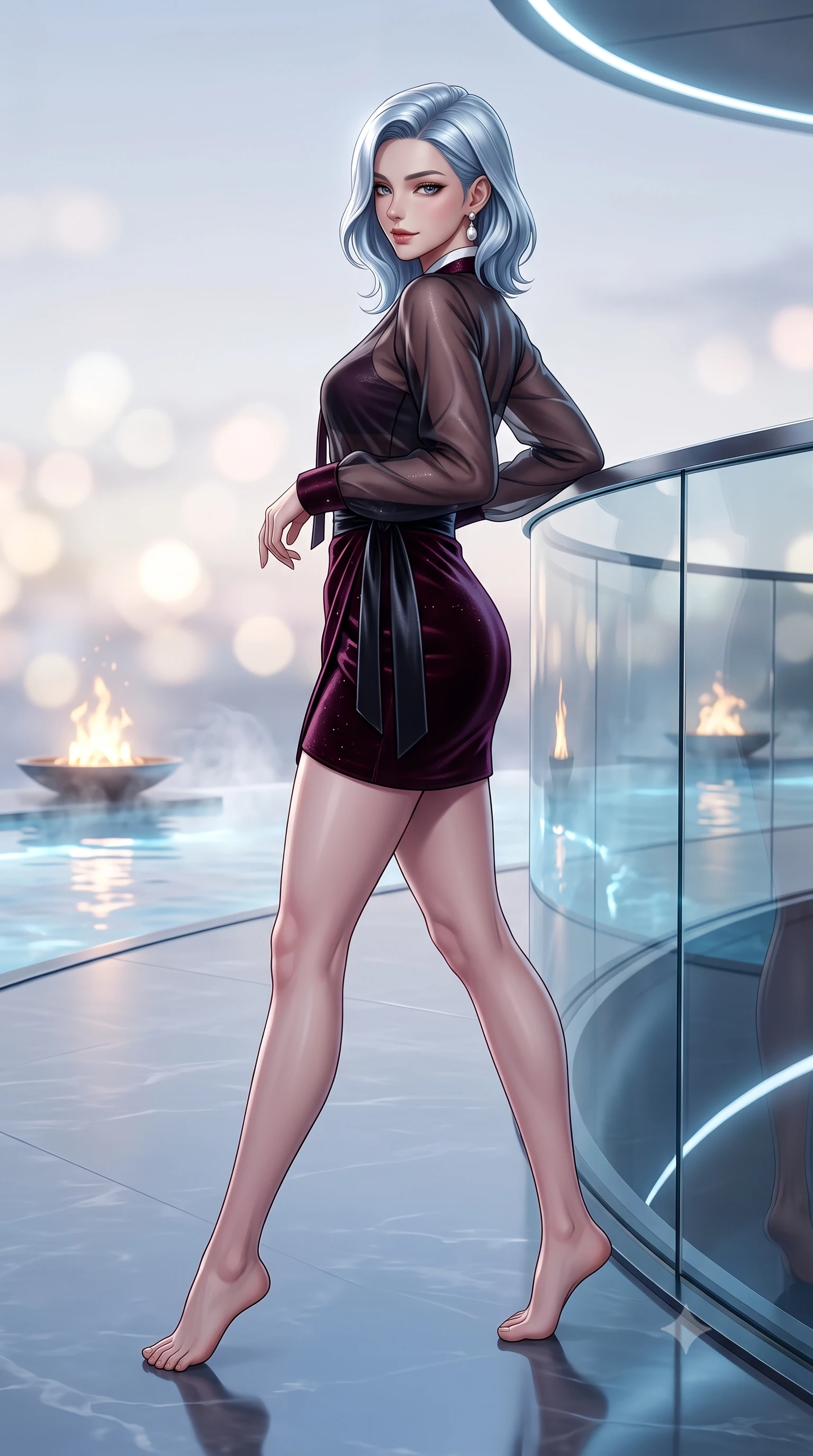 score_9, masterpiece, best quality, ultra-detailed, high-budget anime keyframe, semi-realistic 3D game render, editorial fashion photography, tasteful artistic composition, Korean woman. low angle full-body shot from head to toe showing her feet, filling the entire 9:16 vertical frame with her statuesque presence, stretching her vertical silhouette. striding forward gracefully across the reflective floor with sovereign supermodel poise, hips swaying in an alluring kinetic rhythm that accentuates her curvy hourglass silhouette and long slender legs while leaning back against the sleek glass parapet with hips cocked back, casting an intoxicating, sultry bedroom-gaze over a bare shoulder toward the lens. The composition keeps background elements in soft focus with dreamy creamy bokeh. steaming infinity pool water ripples and minimalist poolside fire pits softened in futuristic luxury shallow focus. She has an exceptionally tall and slender model-like 8.5-heads proportion, an ultra-slim waist, a flat toned midriff, narrow delicate ribcage, and beautifully sculpted feminine hips creating a graceful, slim hourglass silhouette without any bulky heaviness, with impossibly long slender legs. sharp v-shaped jawline, high-bridge nose, intricate jewel-like dark sparkling eyes with dangerous depth, thick curled eyelashes, glossy parted lips with a rich wine sheen, smoldering seductive half-smile with bedroom-eyes, exuding effortless superiority and intoxicating dark allure, flawlessly proportioned anatomical accuracy, strict slender model proportions, natural body alignment, perfectly sculpted long slender limbs, ultra-slim waistline, clean dynamic posture without body distortion. wearing a modern fusion dark hanbok mini dress with a sheer silk organza jeogori and high-waisted velvet wrap skirt in deep wine burgundy and lustrous obsidian, woven from metallic lurex thread casting subtle starlight glints across the fabric, accented with a single dangling baroque pearl earring reflecting the amber glow, the form-contouring cut accentuating her sculpted flat midriff, narrow delicate ribcage, and gracefully curvy hips with sovereign high-fashion precision. illuminated by underwater pool LED accents and crisp platinum rim lighting sharply defining her slim waist, toned midriff, and curvy hips. highly saturated vibrant anime colors, detailed shading with soft gradients, rich glossy textures, high-contrast stereoscopic depth, volumetric dynamic lighting, master piece, 9:16 ratio