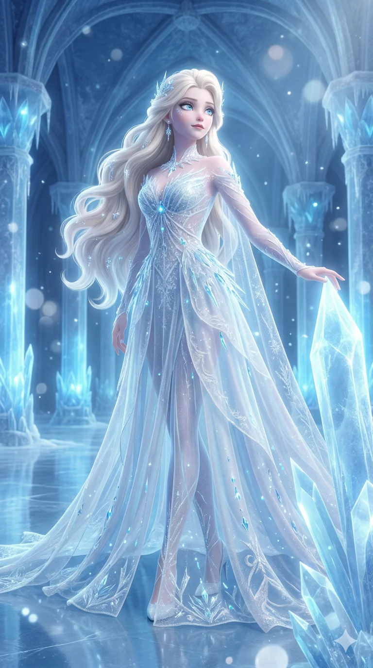 score_9, masterpiece, best quality, ultra-detailed, semi-realistic high-budget 3D game render, an incredibly beautiful ethereal Caucasian woman with flawless pale skin (strictly human ears). Dynamic full-body shot stretching vertically. She is a frost queen in a crystal ice palace. She has an absolutely perfect 8-heads proportion, a towering female figure with long slender legs and a delicate skinny body. Her face is a masterpiece with platinum blonde hair and diamond-like eyes. She is wearing a sheer fabric gown with ice crystals, highlighting her alluring silhouette. Shimmering frost and blue light, dramatic rim lighting, radiant glowing skin, 2k, ultra detail, master piece, 9:16 ratio