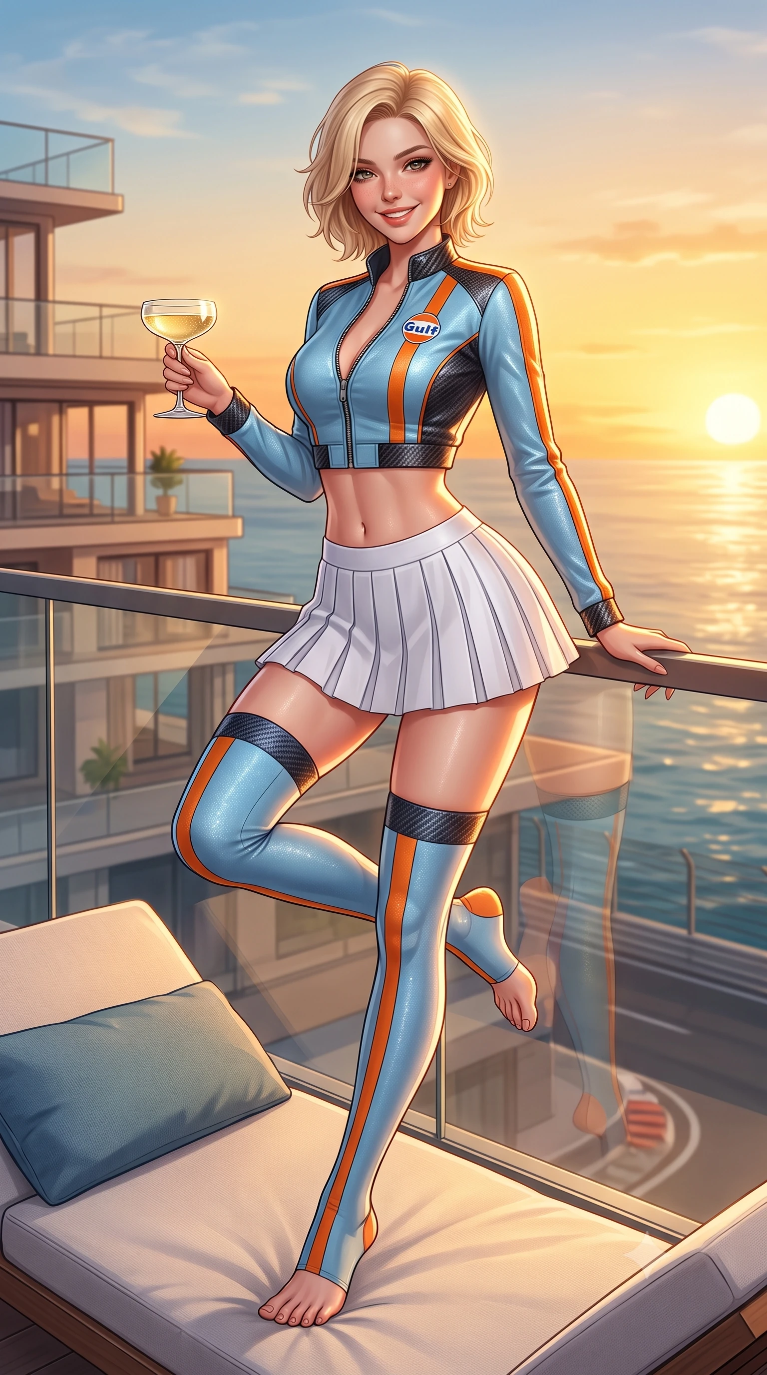 score_9, masterpiece, best quality, ultra-detailed, high-budget anime keyframe, semi-realistic 3D game render, editorial fashion photography, tasteful artistic composition, Caucasian woman. low angle full-body shot from head to toe showing her feet, filling the entire 9:16 vertical frame with her statuesque presence, stretching her vertical silhouette. leaning deep against the pit lane barrier with hips cocked back in an unapologetically alluring high-fashion stance, flashing a warm beaming smile while lounging gracefully on a poolside daybed with one knee bent, holding a champagne coupe with sovereign Riviera cool. The surrounding environment is rendered in vivid detail and crisp panoramic clarity: detailed athletic suit fabric weave, sunset highlights on skin, and luxury hotel rooftop architecture in razor-sharp precision. She has an absolutely perfect, statuesque 8.5-heads proportion, an exceptionally tall and slender model-like female figure with impossibly long slender legs, an ultra-slim waist, a flat toned midriff, narrow delicate ribcage, and beautifully sculpted feminine hips creating a graceful, slim hourglass silhouette without any bulky heaviness. sharp v-shaped jawline, high-bridge nose, sparkling eyes with athletic focus and depth, thick curled eyelashes, glossy parted lips with a natural coral-peach sheen, bright confident and coquettish smile with alluring bedroom-eyes, exuding both youthful sporty vigor and sovereign high-society glamour, flawlessly proportioned anatomical accuracy, strict slender model proportions, natural body alignment, perfectly sculpted long slender limbs, ultra-slim waistline, clean dynamic posture without body distortion. wearing a cropped zip-front racing leather bolero jacket paired with a micro-pleated white tennis mini-skirt and thigh-high sports socks in vintage Porsche Gulf blue and vibrant race orange, woven from metallic lurex and technical nylon with subtle starlight glints, accented with sleek aerodynamic carbon-fiber hip pads framing her narrow waist, the liquid-tight tailored fabric clinging flawlessly to her narrow waist and rounded feminine hips, emphasizing every millimeter of her sculpted slim hourglass curves without any bulky heaviness. bathed in molten golden hour sunset light reflecting off the Mediterranean Sea and hotel glass. highly saturated vibrant anime colors, detailed shading with soft gradients, rich glossy textures, high-contrast stereoscopic depth, volumetric dynamic lighting, master piece, 9:16 ratio