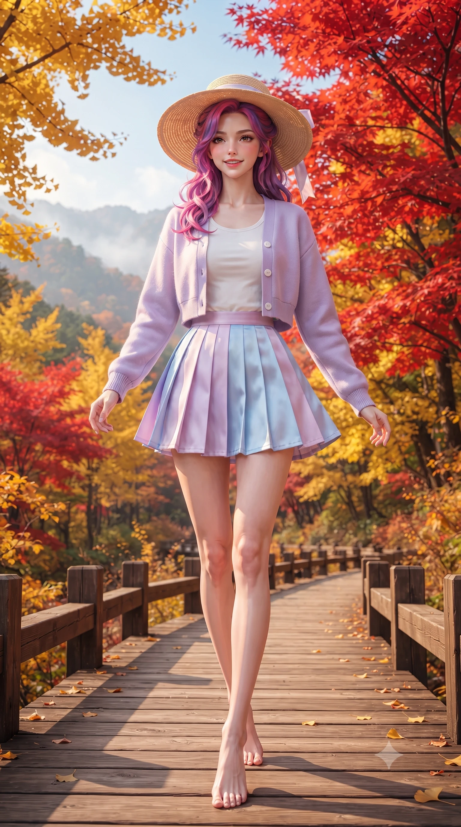 score_9, masterpiece, best quality, ultra-detailed, high-budget anime keyframe, editorial fashion photography, tasteful artistic composition, Caucasian woman. low angle full-body shot from head to toe showing her feet, filling the entire 9:16 vertical frame with her statuesque presence, stretching her vertical silhouette. stepping forward gracefully in mid-motion with a delighted cute laugh, displaying her tall slender model proportions while walking along a secluded wooden boardwalk surrounded by blazing scarlet maple trees and golden ginkgo foliage. The surrounding environment is rendered in vivid detail and crisp panoramic clarity. vibrant autumn forest gradients, distant misty mountain ridges, and clear blue autumn skies in high clarity. She has an absolutely perfect, statuesque 8.5-heads proportion, an exceptionally tall and slender model-like female figure with impossibly long slender legs, a toned flat midriff, and an ultra-slim waist. sharp v-shaped jawline, high-bridge nose, intricate jewel-like eyes with depth, thick eyelashes, glossy lips with a natural sheen, pure and lovely fresh girlhood expression, flawlessly proportioned anatomical accuracy, strict slender model proportions, natural body alignment, perfectly sculpted long slender limbs, ultra-slim waistline, clean dynamic posture without body distortion. wearing a chic pastel varsity cardigan over a simple white scoop-neck tee and a pleated mini skirt in soft pastel lavender and delicate sky blue, crafted from smooth fluid silk satin with a natural gentle sheen, paired with a wide-brim woven straw hat tied with a pastel ribbon, the tailored casual silhouette highlighting her fresh and youthful presence and perfectly proportioned slender frame. surrounded by a warm, romantic, and deeply nostalgic autumn sweetheart aura. ultra-reflective glossy finish, specular highlights, rich natural textures, high-contrast stereoscopic depth, volumetric dynamic lighting, 2k, ultra detail, master piece, 9:16 ratio