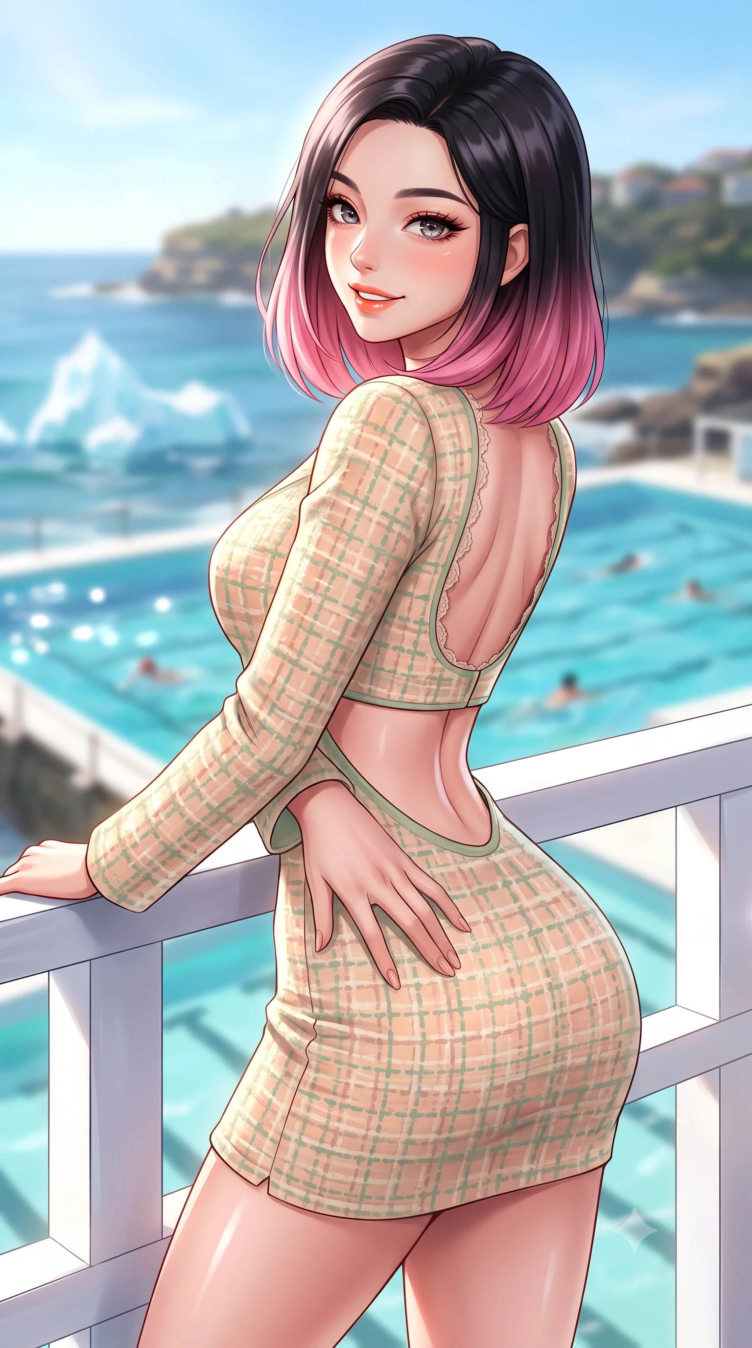 score_9, masterpiece, best quality, ultra-detailed, high-budget anime keyframe, semi-realistic 3D game render, editorial fashion photography, tasteful artistic composition, Korean woman. close-up cowboy shot from the waist and thighs up, the character dominates the composition, filling the frame with her large presence. twisting her slender torso in an alluring contrapposto stance, one hand resting on her sculpted hip while flashing a radiant, playful smile with parted glossy lips while leaning against the white ocean railing with hips cocked back, looking over her shoulder with playful, athletic bedroom-eyes. The composition keeps background elements in soft focus with dreamy creamy bokeh. iconic iceberg pool swimmers and coastal headlands softened in vibrant Australian shallow focus. She has an exceptionally elegant, slender, and willowy female figure with an ultra-slim waist, flat toned midriff, narrow ribcage, and sculpted feminine hips creating an alluring, slim hourglass silhouette without bulk. sharp v-shaped jawline, high-bridge nose, intricate jewel-like sparkling eyes with depth, thick eyelashes, glossy parted lips with a natural peach sheen, bright cheerful beaming smile with an enchanting and coquettish sensual glint, exuding both youthful cute charm and seductive allure, flawlessly proportioned anatomical accuracy, strict slender model proportions, natural body alignment, perfectly sculpted long slender limbs, ultra-slim waistline, clean dynamic posture without body distortion. wearing a cute pastel tweed two-piece set with a cropped jacket and ultra-fitted high-waisted mini skirt tracing her hips in soft apricot and sage green, tailored from fine lightweight chiffon that flutters gently in the breeze, finished with delicate lace scallop edging along the neckline, the precision-cut side openings and low-back scoop framing her graceful spine and the sensual sweep of her slim, toned hips. illuminated by intense specular sea reflections sharply carving her razor-sharp jawline, narrow waist, and curvy hips. highly saturated vibrant anime colors, detailed shading with soft gradients, rich glossy textures, high-contrast stereoscopic depth, volumetric dynamic lighting, master piece, 9:16 ratio