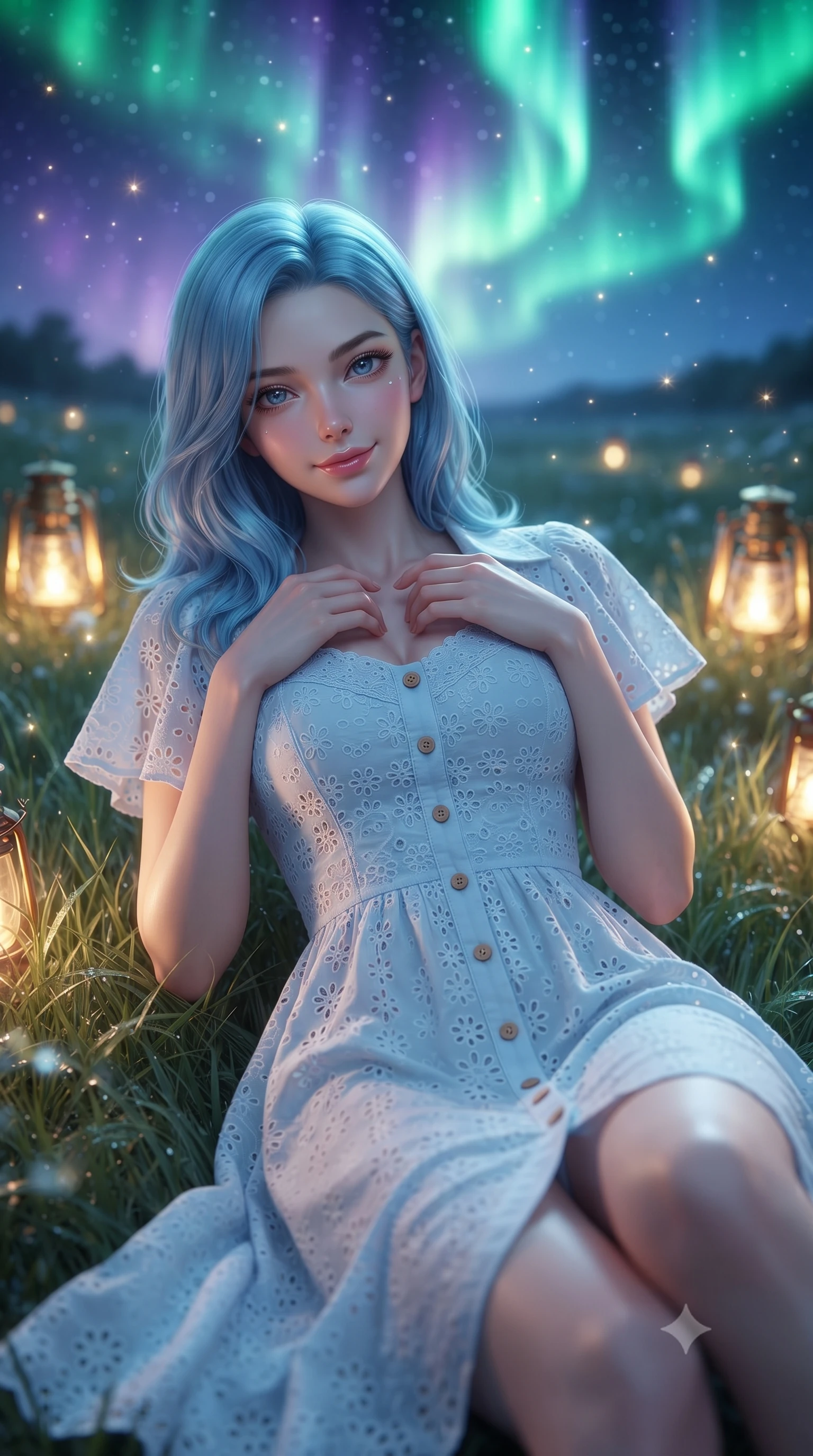 score_9, masterpiece, best quality, ultra-detailed, high-budget anime keyframe, editorial fashion photography, tasteful artistic composition, Korean woman. close-up cowboy shot from the waist and thighs up, the character dominates the composition, filling the frame with her large presence. holding her hands loosely near her heart with an enchanting, affectionate gaze looking directly into the lens while lying on the soft grass looking up at dancing emerald aurora borealis waves with a dreamy, affectionate smile. The composition keeps background elements in soft focus with creamy bokeh. sparkling lantern light flares and twinkling celestial starlight scattering magical light motes. She has an exceptionally elegant, slender, and willowy female figure with an ultra-slim waist, a gracefully sculpted slender torso, toned flat midriff, and a refined slim silhouette. sharp v-shaped jawline, high-bridge nose, intricate jewel-like eyes with depth, thick eyelashes, glossy lips with a natural sheen, pure and lovely fresh girlhood expression, flawlessly proportioned anatomical accuracy, strict slender model proportions, natural body alignment, perfectly sculpted long slender limbs, ultra-slim waistline, clean dynamic posture without body distortion. wearing an airy eyelet lace cotton midi dress with a sweetheart neckline and wooden front buttons in gentle baby blue and cloud white, made of fine lightweight chiffon with a soft fluid drape, featuring elegant flutter sleeves and a graceful open collar, the relaxed yet flattering fit accentuating her naturally graceful and slender figure, highlighting her youthful charm and lovely silhouette. bathed in dancing emerald and violet aurora glow combined with warm golden brass lantern uplights. ultra-reflective glossy finish, specular highlights, rich natural textures, high-contrast stereoscopic depth, volumetric dynamic lighting, 2k, ultra detail, master piece, 9:16 ratio