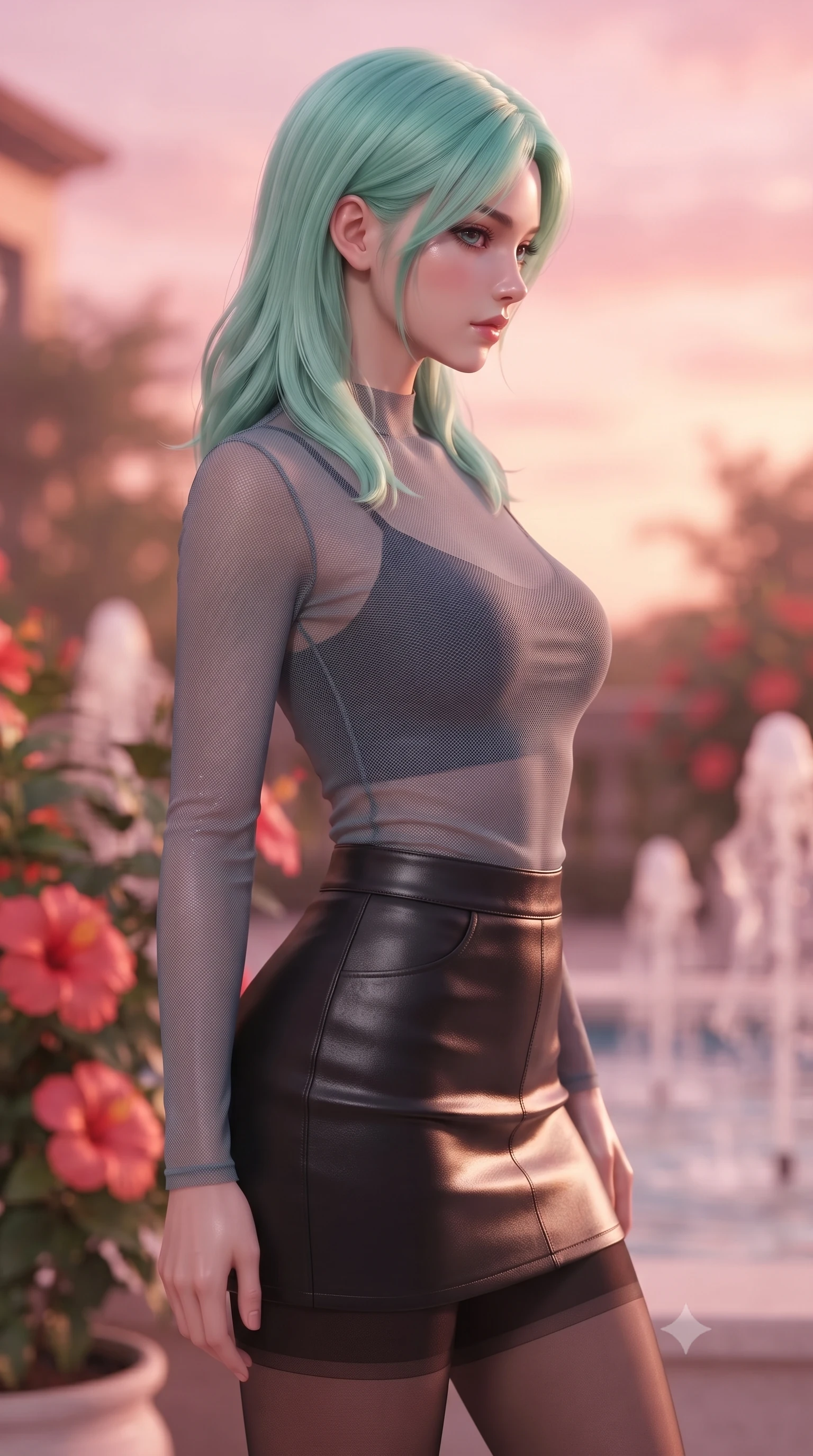 score_9, masterpiece, best quality, ultra-detailed, high-budget anime keyframe, editorial fashion photography, tasteful artistic composition, Japanese woman woman. close-up cowboy shot from the waist and thighs up, the character dominates the composition, filling the frame with her large presence, background elements kept in soft focus. turning her face in sharp profile, casting a cold, mysterious, yet intensely alluring side gaze, the background shows a soft-focus a secluded terrace surrounded by blooming red hibiscus and soft water fountains. She has an exceptionally elegant, slender, and willowy female figure with an ultra-slim waist, a gracefully sculpted slender torso, and a refined silhouette. sharp v-shaped jawline, high-bridge nose, intricate jewel-like eyes with depth, thick eyelashes, glossy lips with a natural sheen. wearing a form-contouring semi-transparent mesh top in slate grey, paired with a leather mini skirt and sheer stockings. soft sunset light bathing the terrace in a warm pink and orange wash. ultra-reflective glossy finish, specular highlights, metallic sheen, high-contrast stereoscopic depth, volumetric dynamic lighting, 2k, ultra detail, master piece, 9:16 ratio
