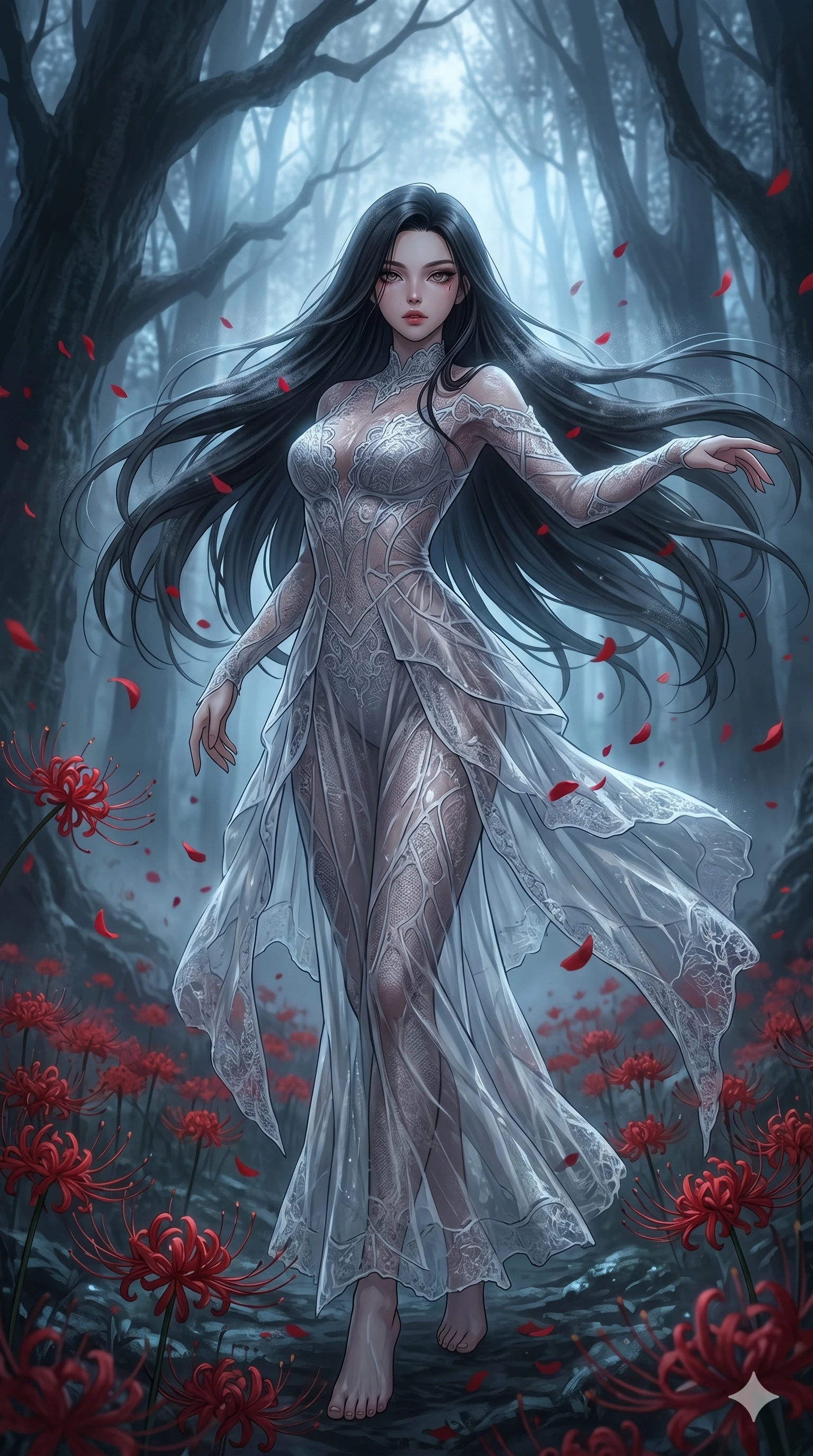 score_9, masterpiece, best quality, ultra-detailed, High-budget Anime Keyframe, East Asian woman. Low angle cowboy shot filling the entire 9:16 frame with her statuesque presence. Scenario 165: Dancing amidst falling red spider lilies in a misty dark forest. Her presence is magnetic and overpowering in this high-budget anime scene. Outfit 165: A delicate technical lace designed with a artistic translucent overlays and wet-look texture. The clothing is designed to emphasize her exceptionally tall and slender 8-heads proportion. 8-heads proportion, towering silhouette, ultra-slim waist. sharp v-shaped jawline, intricate jewel-like eyes with depth, thick eyelashes, glossy lips. 2k, ultra detail, master piece, 9:16 ratio