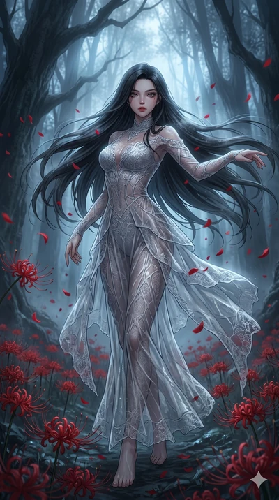 score_9, masterpiece, best quality, ultra-detailed, High-budget Anime Keyframe, East Asian woman. Low angle cowboy shot filling the entire 9:16 frame with her statuesque presence. Scenario 165: Dancing amidst falling red spider lilies in a misty dark