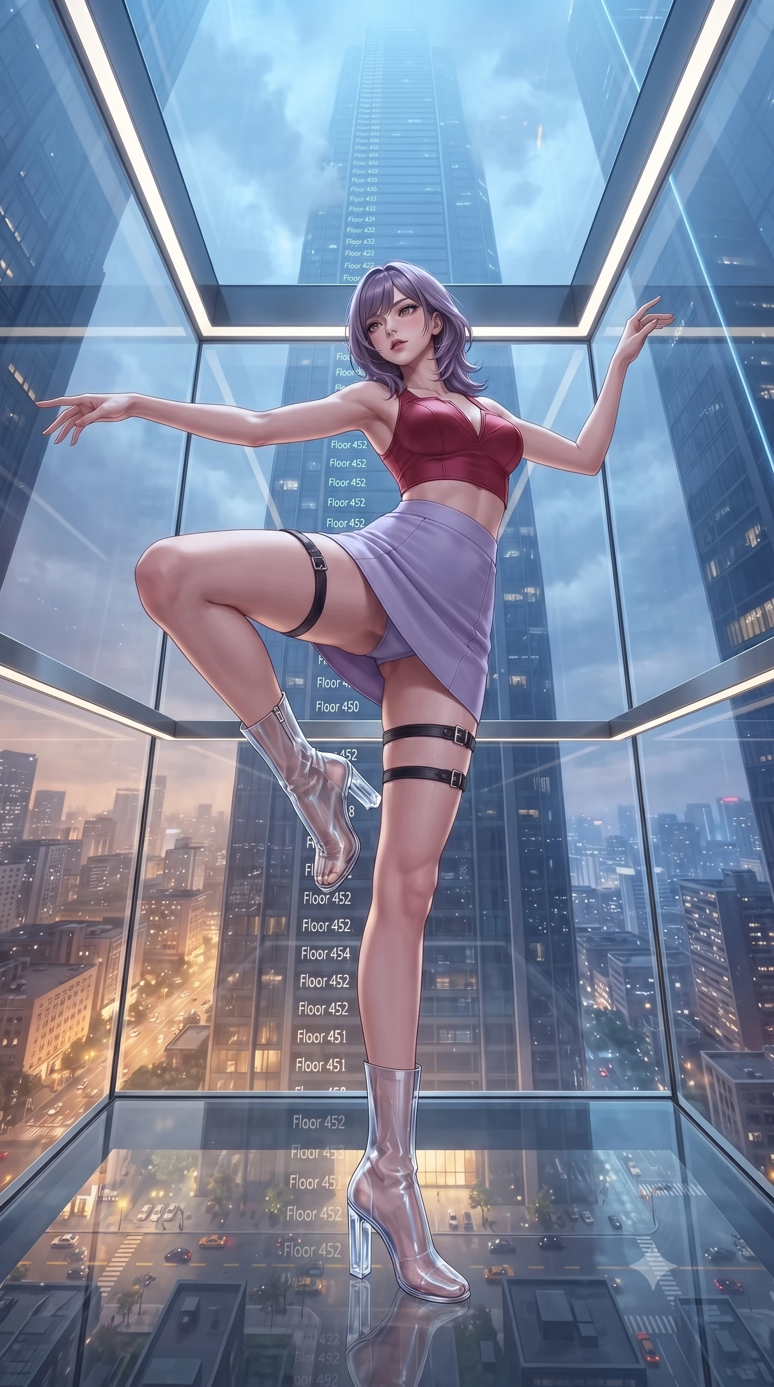 score_9, masterpiece, best quality, ultra-detailed, high-budget anime keyframe, editorial fashion photography, tasteful artistic composition, Japanese woman. low angle full-body shot from head to toe showing her feet, filling the entire 9:16 vertical frame with her statuesque presence, stretching her vertical silhouette. twirling with balletic elegance inside inside a transparent crystal elevator ascending through a building of impossible height with the entire cityscape unfolding below like a growing miniature model floor numbers counting into the hundreds. She has a statuesque 8.5-heads proportion, an exceptionally tall, slender and willowy model-like build with impossibly long legs and a highly sculpted ultra-slim waist. sharp v-shaped jawline, high-bridge nose, intricate jewel-like eyes with depth, thick eyelashes, glossy lips with a natural sheen. wearing a matte crimson crop top paired with matching high-waist lavender mini skirt and black leather thigh straps. the elevator interior lit by subtle LED strips while the panoramic city outside provides dynamic changing light from golden at ground level to cool blue at cloud height. 2k, ultra detail, master piece, 9:16 ratio