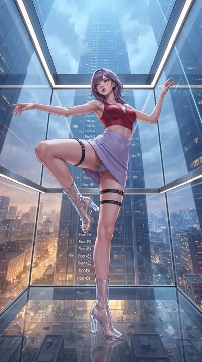 score_9, masterpiece, best quality, ultra-detailed, high-budget anime keyframe, editorial fashion photography, tasteful artistic composition, Japanese woman. low angle full-body shot from head to toe showing her feet, filling the entire 9:16 vertical