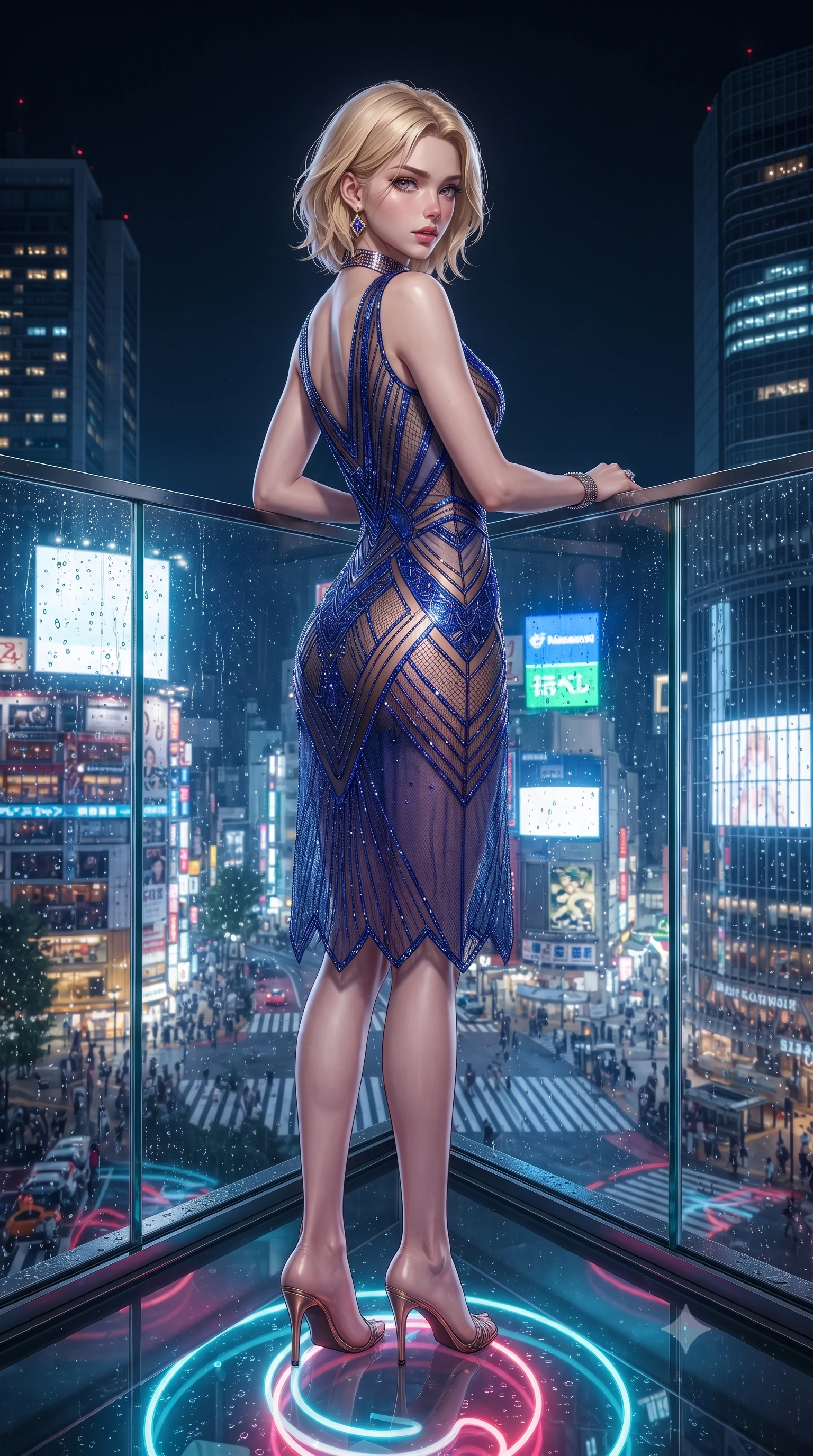score_9, masterpiece, best quality, ultra-detailed, high-budget anime keyframe, editorial fashion photography, tasteful artistic composition, Caucasian woman. low angle full-body shot from head to toe showing her feet, filling the entire 9:16 vertical frame with her statuesque presence, stretching her vertical silhouette. posing with back turned slightly to the lens, glancing back with smoldering allure as she arches her lower back to emphasize her sculpted feminine hips and slender waist while leaning deep against the transparent cantilevered glasscube railing suspended 300 meters above Shibuya, hips cocked back as neon crossroads swirl beneath her feet. The surrounding environment is rendered in vivid detail and crisp panoramic clarity. sharp glasscube seam joints, rain droplet tracks on glass, and high-altitude skyscraper spire clarity in deep focus. She has an exceptionally tall and slender model-like 8.5-heads proportion, an ultra-slim waist, a flat toned midriff, narrow delicate ribcage, and beautifully sculpted feminine hips creating a graceful, slim hourglass silhouette without any bulky heaviness, with impossibly long slender legs. sharp v-shaped jawline, high-bridge nose, intricate jewel-like eyes with depth, thick eyelashes, glossy parted lips with a natural sheen, intensely captivating and seductive bedroom-eyes expression, flawlessly proportioned anatomical accuracy, strict slender model proportions, natural body alignment, perfectly sculpted long slender limbs, ultra-slim waistline, clean dynamic posture without body distortion. wearing a sheer vintage mesh flapper dress adorned with intricate geometric beadwork over an opaque silk slip in royal sapphire blue and liquid bronze, tailored from liquid silk jersey adhering flawlessly to her slender build, complemented by a bold geometric choker and sparkling cocktail ring, the second-skin form-contouring cut accentuating her sculpted flat midriff, narrow delicate ribcage, and gracefully curvy hips with supermodel precision. illuminated by wet specular glass bounce lights sculpting her razor-sharp jawline, narrow waist, and curvy hips. ultra-reflective glossy finish, specular highlights, rich textural contrasts, high-contrast stereoscopic depth, volumetric dynamic lighting, 2k, ultra detail, master piece, 9:16 ratio