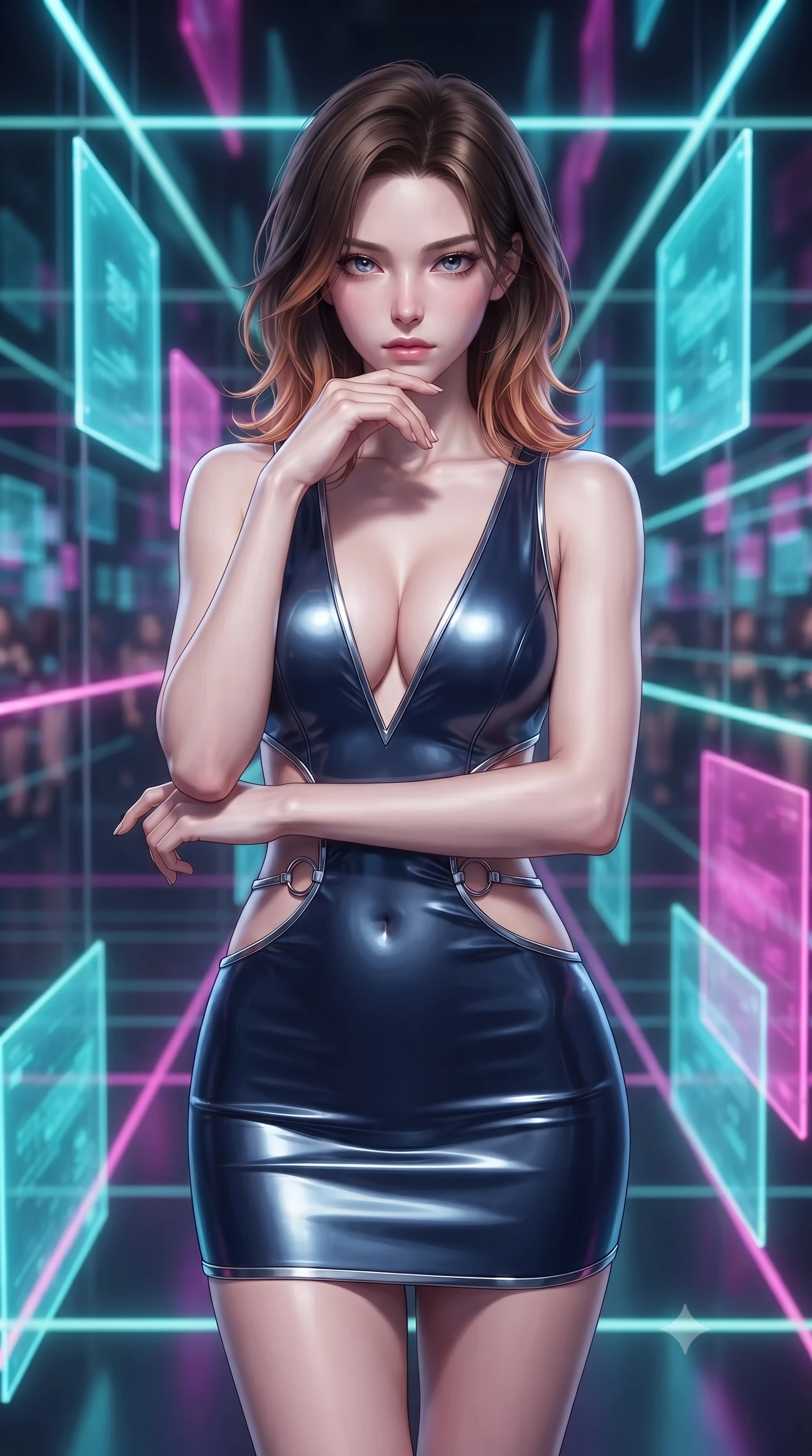 score_9, masterpiece, best quality, ultra-detailed, high-budget anime keyframe, editorial fashion photography, tasteful artistic composition, Korean woman. close-up cowboy shot from the waist and thighs up, the character dominates the composition, filling the frame with her large presence, background elements kept in soft focus. Resting her chin on the backs of her fingers, casting a sharp, mysterious gaze navigating a corridor of shifting laser light grids and mirror walls, translucent cyan and magenta holographic panels hovering seamlessly. She has an exceptionally elegant, slender, and willowy female figure with an ultra-slim waist, a gracefully sculpted slender torso, and a refined silhouette. sharp v-shaped jawline, high-bridge nose, intricate jewel-like eyes with depth, thick eyelashes, glossy lips with a natural sheen. wearing a liquid mercury gloss mini dress with ultra-deep V-neck and waist cutouts in midnight navy blue and chrome trim, formed from sleek second-skin neoprene, accented with delicate chrome ring hardware framing her waist, the glove-like fit emphasizing her statuesque silhouette. surrounded by a crisp high-tech illumination highlighting every sleek curve. ultra-reflective glossy finish, specular highlights, metallic sheen, high-contrast stereoscopic depth, volumetric dynamic lighting, 2k, ultra detail, master piece, 9:16 ratio