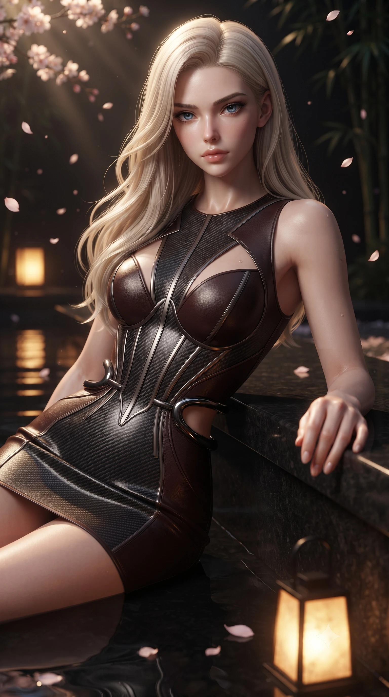 score_9, masterpiece, best quality, ultra-detailed, high-budget anime keyframe, editorial fashion photography, tasteful artistic composition, Caucasian woman. close-up cowboy shot from the waist and thighs up, the character dominates the composition, filling the frame with her large presence, background elements kept in soft focus. Reaching one hand toward the viewer with relaxed sensual elegance, resting against a smooth black granite pool ledge under falling cherry blossom petals, warm amber lantern light casting glowing gold highlights across the dark pool. She has an exceptionally elegant, slender, and willowy female figure with an ultra-slim waist, a gracefully sculpted slender torso, and a refined silhouette. sharp v-shaped jawline, high-bridge nose, intricate jewel-like eyes with depth, thick eyelashes, glossy lips with a natural sheen. wearing architectural cut-out dark leather mini dress with sculpted metallic boning in dark mahogany, made of matte carbon-fiber weave, accented with sculpted obsidian chrome rings at the waist, sculpting her athletic slender build with refined precision. lit by low-key golden rays piercing through dark bamboo shadows. ultra-reflective glossy finish, specular highlights, metallic sheen, high-contrast stereoscopic depth, volumetric dynamic lighting, 2k, ultra detail, master piece, 9:16 ratio