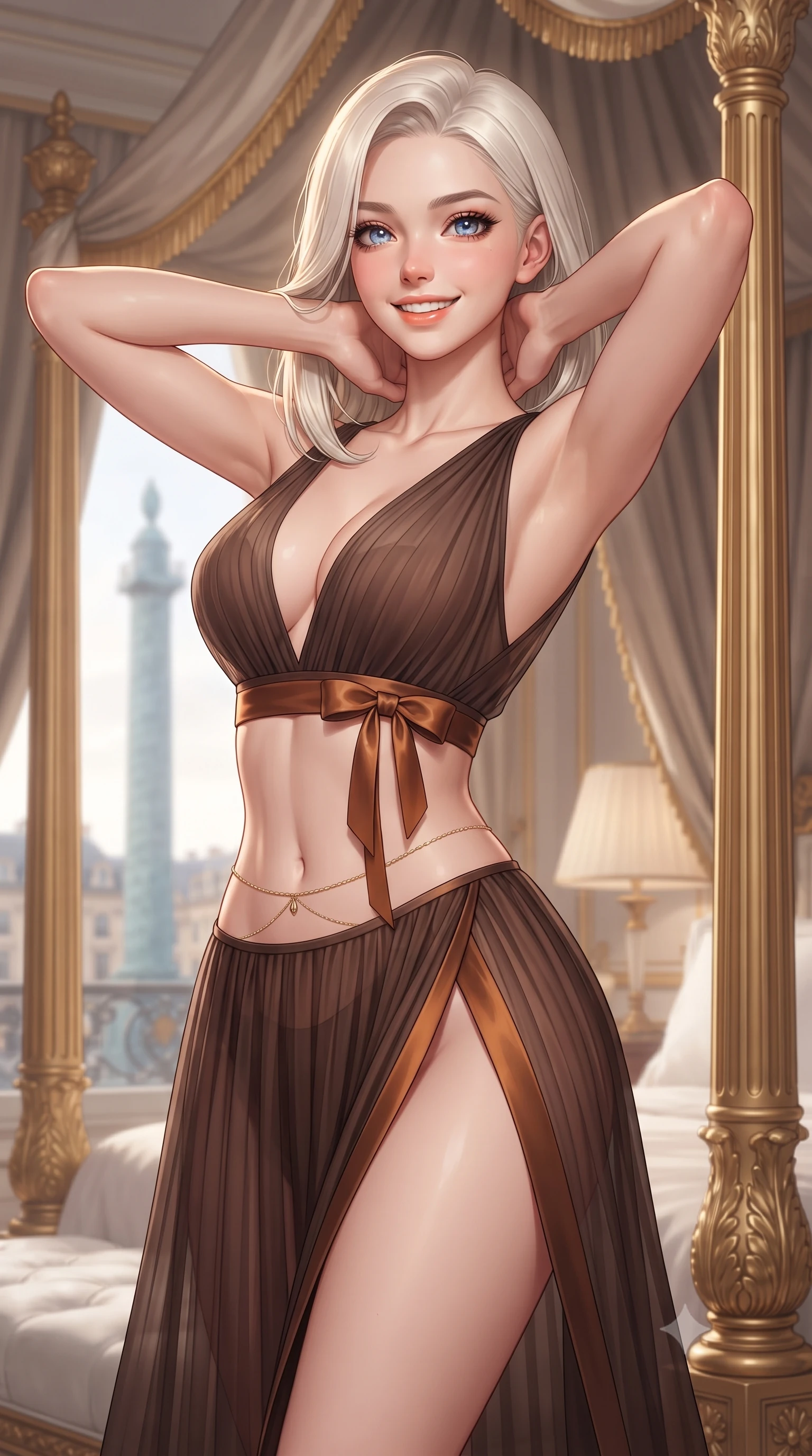 score_9, masterpiece, best quality, ultra-detailed, high-budget anime keyframe, editorial fashion photography, tasteful artistic composition, Caucasian woman. close-up cowboy shot from the waist and thighs up, the character dominates the composition, filling the frame with her large presence. resting both hands lightly behind her neck with elbows raised, arching her spine to highlight her narrow waist, flat midriff, and breathtaking collarbones while standing poised between the monumental gilded bedposts beneath a royal silk canopy, arching her lower back with queenly sensual grace. The background shows a soft-focus views of Place Vendôme column softened in ultimate Parisian palace hotel shallow focus. She has an exceptionally elegant, slender, and willowy female figure with an ultra-slim waist, flat toned midriff, narrow ribcage, and sculpted feminine hips creating an alluring, slim hourglass silhouette without bulk. sharp v-shaped jawline, high-bridge nose, intricate jewel-like sparkling eyes with depth, thick eyelashes, glossy parted lips with a natural peach sheen, bright cheerful beaming smile with an enchanting and coquettish sensual glint, exuding both youthful cute charm and seductive allure, flawlessly proportioned anatomical accuracy, strict slender model proportions, natural body alignment, perfectly sculpted long slender limbs, ultra-slim waistline, clean dynamic posture without body distortion. wearing a sheer pleated chiffon baby-doll dress with a plunging sweetheart neckline and satin ribbon waist tie in Hannam-dong glowing amber and rich dark espresso, made of fluid liquid jersey with seamless sculpting hold and smooth contours, accented with a dainty gold belly chain resting across her flat midriff and curving hips, the high-slit wrap tailoring accentuating her ultra-slim waistline and the enchanting curve of her feminine hips with alluring seductive charm. illuminated by mirror specular reflection fill and sharp champagne rim lights defining her jawline, narrow waist, and feminine hips. ultra-reflective glossy finish, specular highlights, rich textural contrasts, high-contrast stereoscopic depth, volumetric dynamic lighting, 2k, ultra detail, master piece, 9:16 ratio