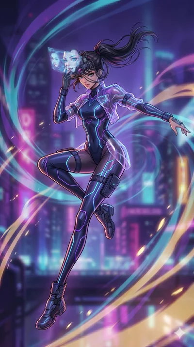 score_9, masterpiece, best quality, ultra-detailed, high-budget anime movie keyframe, cinematic anime lighting, intricate line art, Korean woman. Mid-air action shot capturing a graceful twist and vertical silhouette. adjusting a mechanical mask that