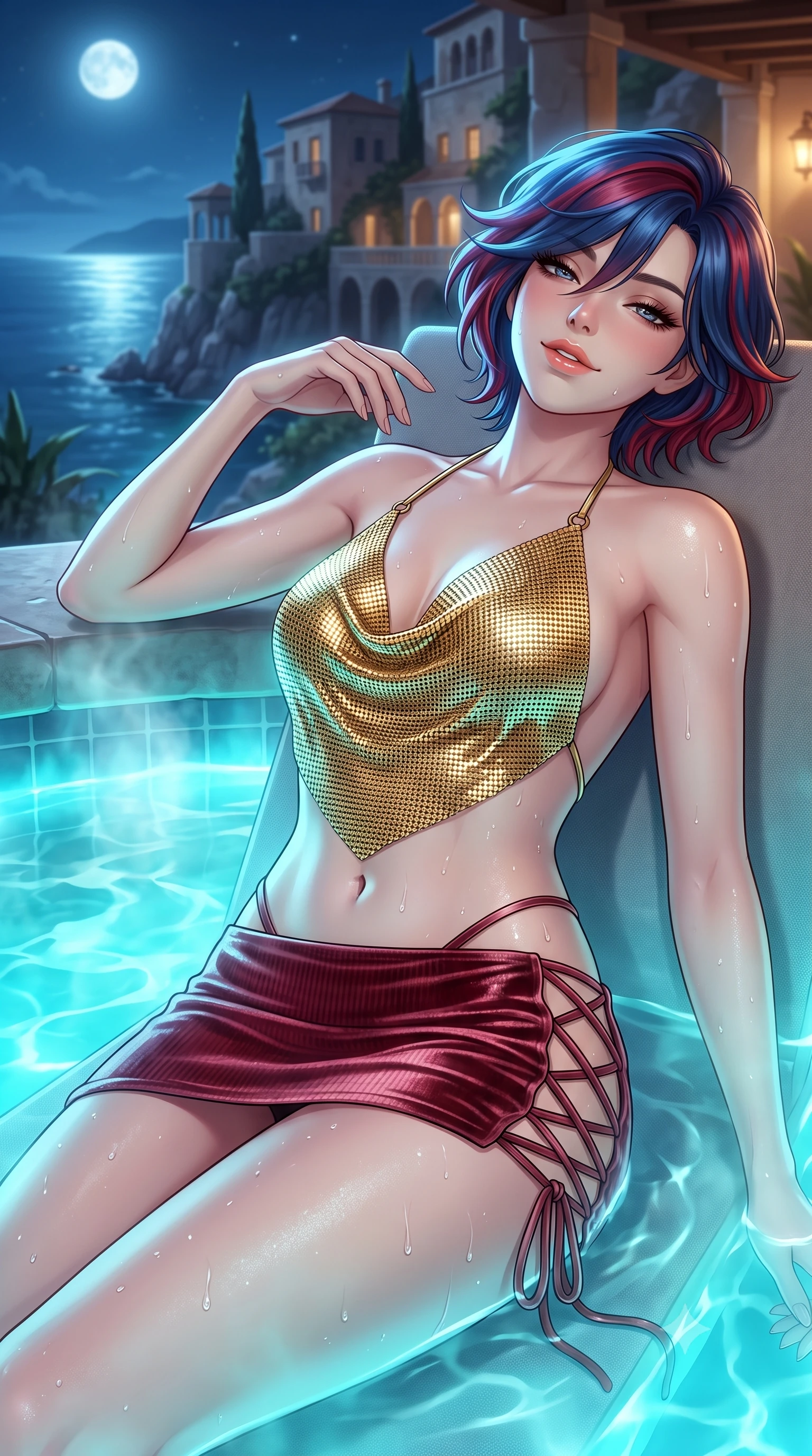 score_9, masterpiece, best quality, ultra-detailed, high-budget anime keyframe, semi-realistic 3D game render, editorial fashion photography, tasteful artistic composition, Korean woman. close-up cowboy shot from the waist and thighs up, the character dominates the composition, filling the frame with her large presence. leaning back against the steaming jacuzzi edge with relaxed seductive grace, head tilted back slightly while casting a hypnotic, heavy-lidded gaze while lounging on the submerged pool tanning shelf propped on one elbow, her flat midriff and long slender limbs commanding the moonlit coastal vista. The surrounding environment is rendered in vivid detail and crisp panoramic clarity: detailed wet fabric weave, glistening water drops on skin, and cliffside architecture in high resolution. She has an exceptionally elegant, slender, and willowy female figure with an ultra-slim waist, flat toned midriff, narrow ribcage, and sculpted feminine hips creating an alluring, slim hourglass silhouette without bulk. sharp v-shaped jawline, high-bridge nose, sparkling eyes with hypnotic seductive depth, thick curled eyelashes, glossy parted lips with a natural dewy peach sheen, alluring bedroom-eyes with an enchanting coquettish smile, exuding magnetic siren charisma and sophisticated high-fashion glamour, flawlessly proportioned anatomical accuracy, strict slender model proportions, natural body alignment, perfectly sculpted long slender limbs, ultra-slim waistline, clean dynamic posture without body distortion. wearing a liquid gold chainmail halter cowl top paired with an ultra-low-rise velvet mini skirt in smoldering crimson wine and deep rose-gold, tailored from fine ribbed modal knit with gentle elastic contouring and soft hand-feel, featuring fine criss-cross lace-up side ties revealing tantalizing glimpses of her hip curve, the precision-cut side openings and low-back scoop framing her graceful spine and the sensual sweep of her slim, toned hips. bathed in eerie glowing cyan bioluminescence from the water mixed with warm villa patio lighting. highly saturated vibrant anime colors, detailed shading with soft gradients, rich glossy textures, high-contrast stereoscopic depth, volumetric dynamic lighting, master piece, 9:16 ratio