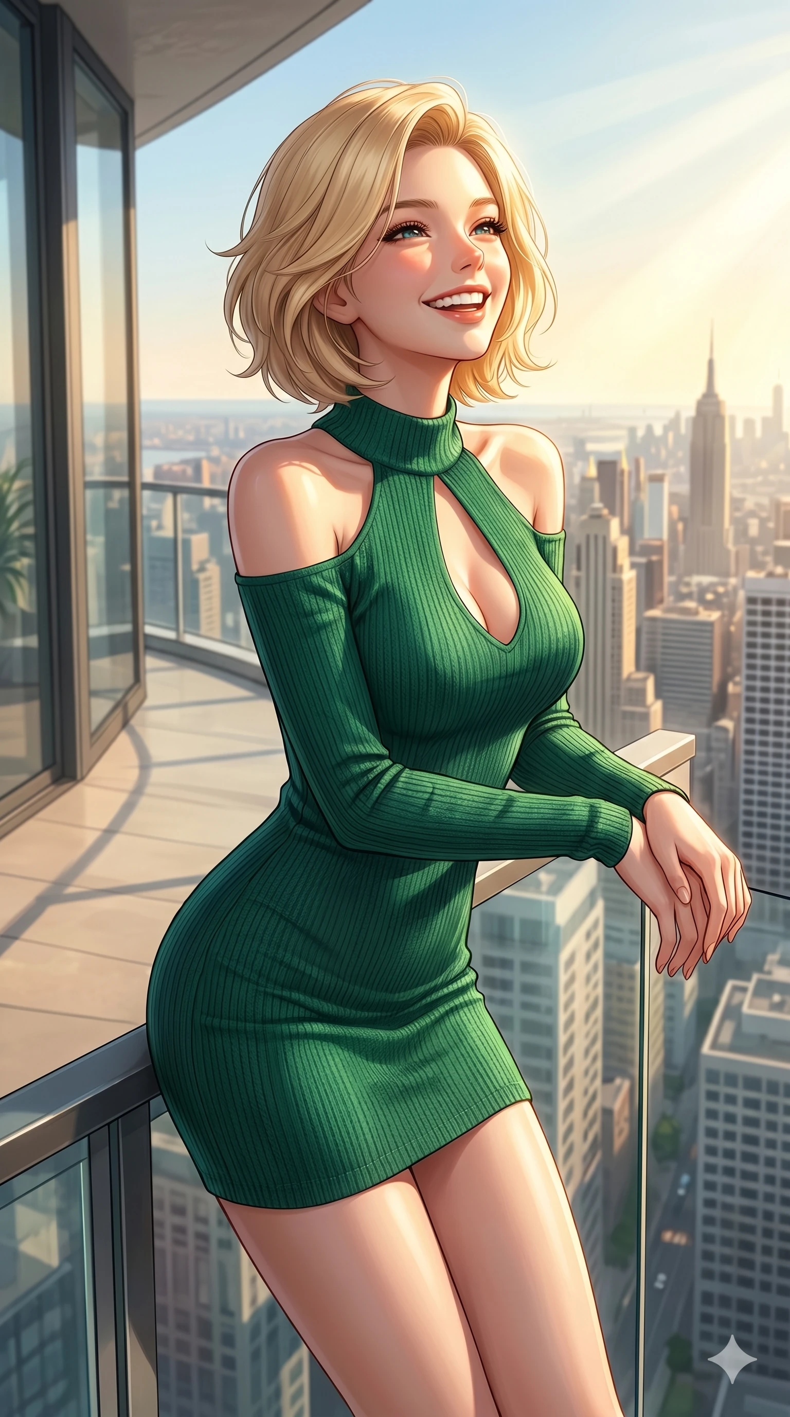 score_9, masterpiece, best quality, ultra-detailed, high-budget anime keyframe, editorial fashion photography, tasteful artistic composition, Caucasian woman, strictly human ears. cowboy shot from the thighs up, character and outfit filling the frame for maximum editorial presence. beaming with a bright, joyful smile, tilting her chin up with pure delight leaning on a glass balustrade of a penthouse overlooking a sunlit city skyline. She has an absolutely perfect 8-heads proportion, an exceptionally tall and slender female figure with impossibly long slender legs and an ultra-slim waist. V-shaped jawline, high-bridge nose, intricate jewel-like eyes with depth, thick eyelashes, glossy lips with a natural sheen. wearing a form-fitting emerald green knit dress with an elegant keyhole cutout and bare shoulders. drenched in brilliant morning sunshine casting warm rays on her smiling face. 2k, ultra detail, master piece, 9:16 ratio