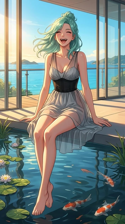 score_9, masterpiece, best quality, ultra-detailed, high-budget anime keyframe, vibrant anime aesthetic, Japanese woman. cowboy shot from the thighs up, character and outfit filling the frame for maximum presence. She is sitting by the garden pond, l