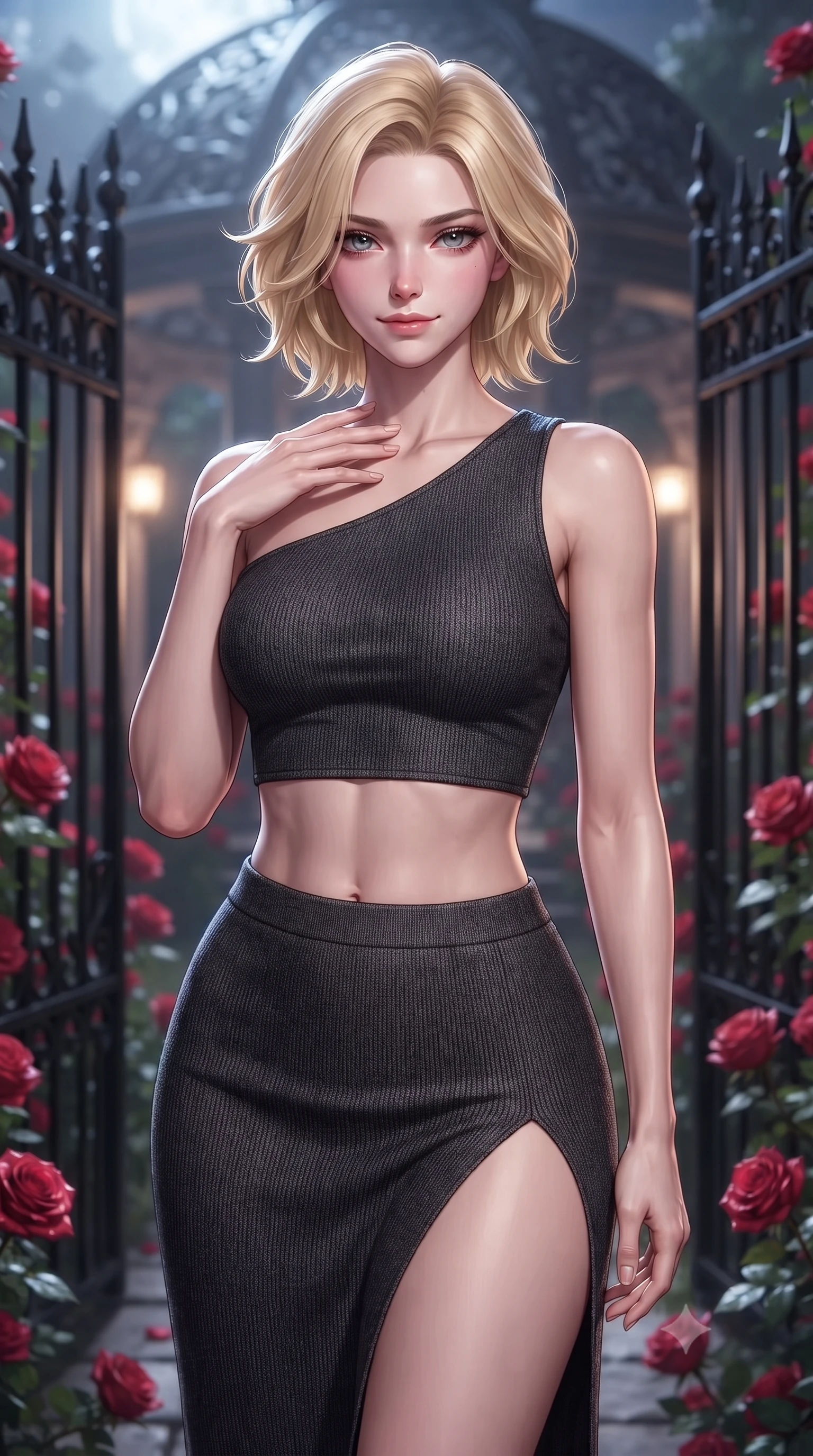 score_9, masterpiece, best quality, ultra-detailed, high-budget anime keyframe, editorial fashion photography, tasteful artistic composition, Caucasian woman. close-up cowboy shot from the waist and thighs up, the character dominates the composition, filling the frame with her large presence, background elements kept in soft focus. standing with one hand resting on her collarbone, looking at the viewer with bedroom-eyes the background shows a soft-focus a gothic rose garden pavilion surrounded by black iron gates and blooming red roses. She has an exceptionally elegant, slender, and willowy female figure with an ultra-slim waist, a gracefully sculpted slender torso, and a refined silhouette. sharp v-shaped jawline, high-bridge nose, intricate jewel-like eyes with depth, thick eyelashes, glossy lips with a natural sheen. wearing a body-hugging asymmetric one-shoulder crop top in charcoal knit, paired with a high-slit skirt. cool silver moonlight tracing her jawline with a sharp rim light. highly saturated vibrant anime colors, detailed shading with soft gradients, rich glossy textures, high-contrast stereoscopic depth, volumetric dynamic lighting, master piece, 9:16 ratio