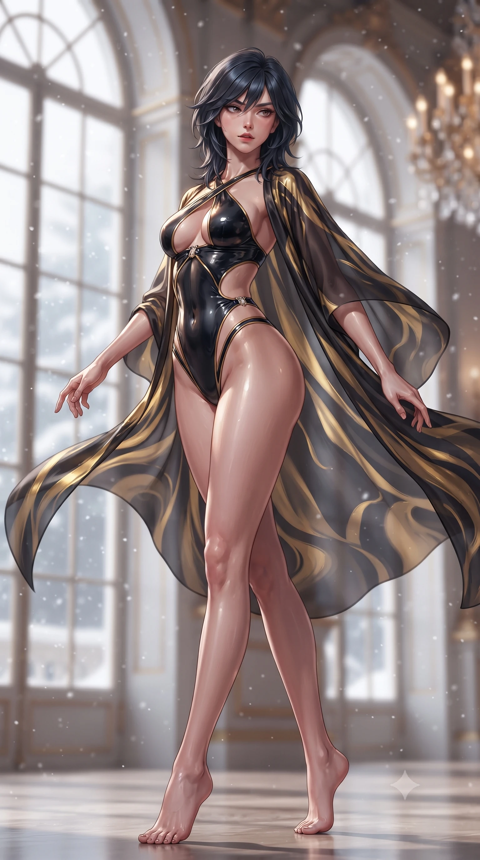 score_9, masterpiece, best quality, ultra-detailed, high-budget anime keyframe, semi-realistic 3D game render, editorial fashion photography, tasteful artistic composition, Caucasian woman. low angle full-body shot from head to toe showing her feet, filling the entire 9:16 vertical frame with her statuesque presence, stretching her vertical silhouette. executing an elegant mid-motion pivot turn as garments swirl around her slender limbs, glancing over her shoulder with an intoxicating bedroom-gaze while standing poised before towering arched palace windows as snow falls outside, twisting her slender torso in an alluring contrapposto stance. The composition keeps background elements in soft focus with creamy bokeh. swirling snowflakes outside the grand windows softened in opulent imperial shallow focus. She has an exceptionally tall and slender model-like 8.5-heads proportion, an ultra-slim waist, a flat toned midriff, narrow delicate ribcage, and beautifully sculpted feminine hips creating a graceful, slim hourglass silhouette without any bulky heaviness, with impossibly long slender legs. sharp v-shaped jawline, high-bridge nose, intricate jewel-like eyes with depth, thick eyelashes, glossy parted lips with a natural sheen, intensely captivating and seductive bedroom-eyes expression, flawlessly proportioned anatomical accuracy, strict slender model proportions, natural body alignment, perfectly sculpted long slender limbs, ultra-slim waistline, clean dynamic posture without body distortion. wearing a desert queen monokini with crossed chest straps and high-cut hip bands, worn under a sweeping organza cape in midnight obsidian black and liquid gold, tailored from second-skin aerodynamic stretch vinyl with specular wet sheen, finished with an ultra-high side slit secured by miniature jeweled clasps, the precision-cut side openings and low-back scoop framing her graceful spine and the sensual sweep of her slim, toned hips. illuminated by gilded bronze specular reflections accentuating her sculpted collarbones, narrow waist, and curvy hips. highly saturated vibrant anime colors, detailed shading with soft gradients, rich glossy textures, high-contrast stereoscopic depth, volumetric dynamic lighting, master piece, 9:16 ratio