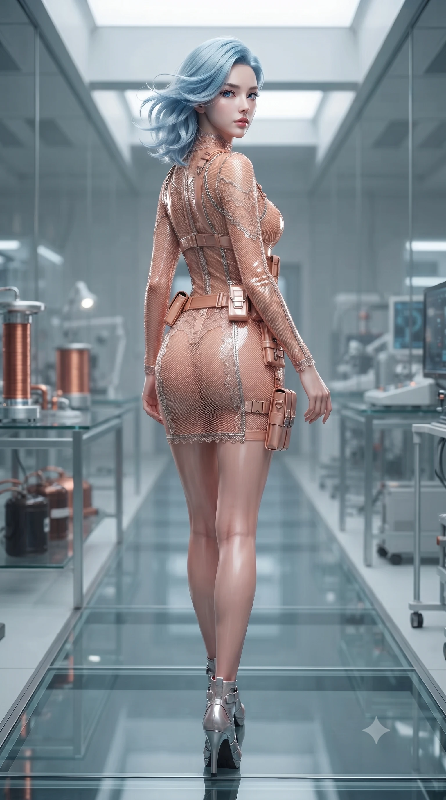 score_9, masterpiece, best quality, ultra-detailed, high-budget anime keyframe, editorial fashion photography, tasteful artistic composition, Korean woman. low angle full-body shot from head to toe showing her feet, filling the entire 9:16 vertical frame with her statuesque presence, stretching her vertical silhouette. walking slowly along a glass skybridge, looking back over her shoulder with an air of effortless grace, the background shows a soft-focus a test laboratory with glass tables, copper coils, and carbon containers. She has an absolutely perfect, statuesque 8.5-heads proportion, an exceptionally tall and slender model-like female figure with impossibly long slender legs and an ultra-slim waist. sharp v-shaped jawline, high-bridge nose, intricate jewel-like eyes with depth, thick eyelashes, glossy lips with a natural sheen. wearing a slim-fit semi-transparent mesh combat dress in peach, contouring her slender silhouette with delicate lace detailing. bright halogen work lights casting clear, detailed front lighting. ultra-reflective glossy finish, specular highlights, metallic sheen, high-contrast stereoscopic depth, volumetric dynamic lighting, 2k, ultra detail, master piece, 9:16 ratio