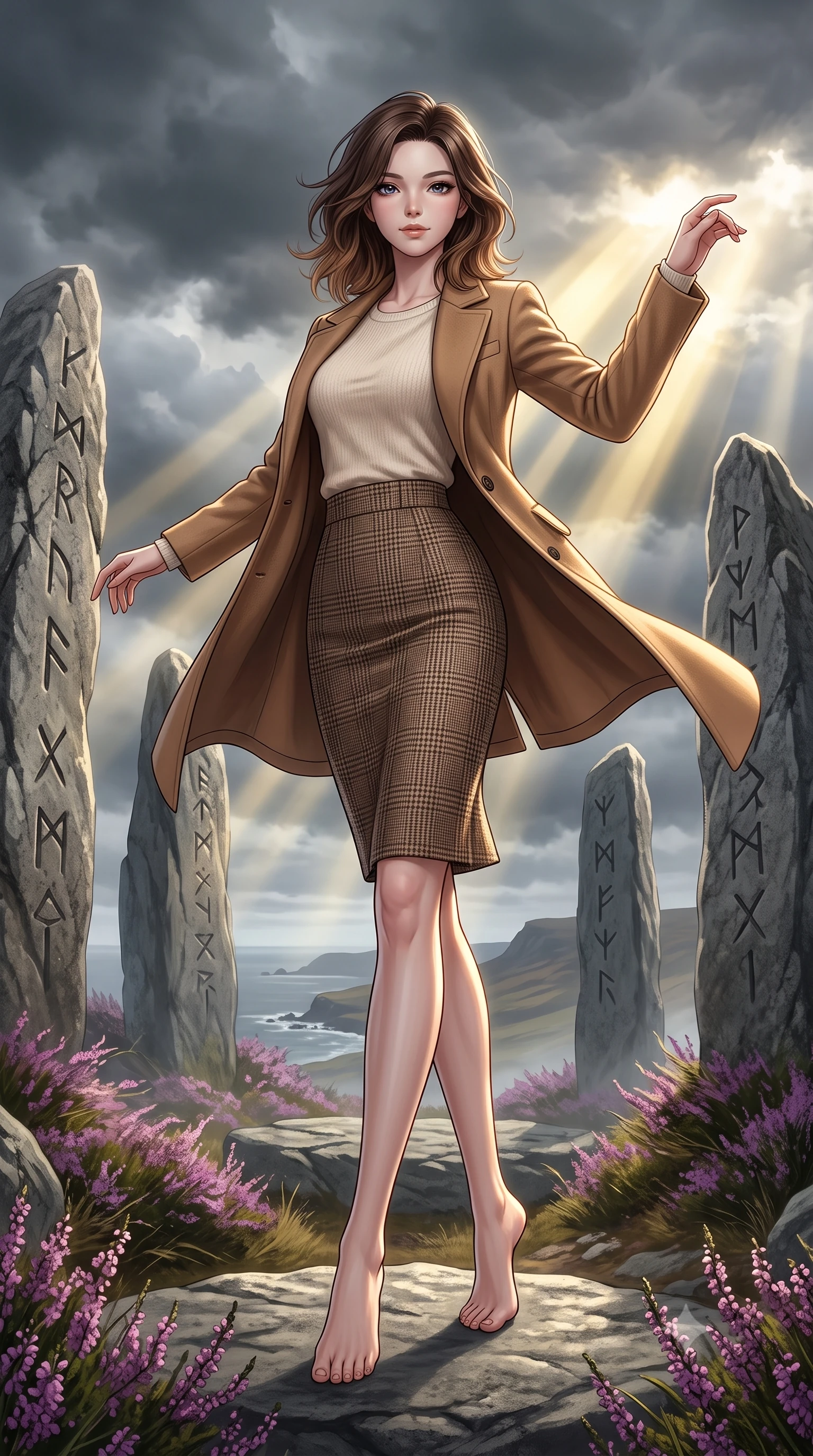 score_9, masterpiece, best quality, ultra-detailed, high-budget anime keyframe, editorial fashion photography, tasteful artistic composition, Korean woman. low angle full-body shot from head to toe showing her feet, filling the entire 9:16 vertical frame with her statuesque presence, stretching her vertical silhouette. dancing with weightless, happy grace through standing in a prehistoric ring of towering grey standing stones covered in ancient runes, surrounded by purple heather blowing in the wind on a highland cliff. She has a statuesque 8.5-heads proportion, an exceptionally tall, slender and willowy model-like build with impossibly long legs and a highly sculpted ultra-slim waist. sharp v-shaped jawline, high-bridge nose, intricate jewel-like eyes with depth, thick eyelashes, glossy lips with a natural sheen. wearing a tailored slim-fit camel hair coat over a soft cream knit top and a brown check wool pencil skirt. dramatic stormy sunbeams breaking through dark grey clouds, casting high-contrast golden beams against the dark landscape. 2k, ultra detail, master piece, 9:16 ratio