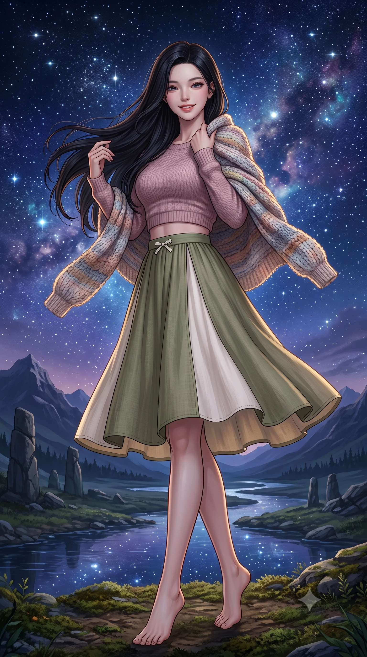 score_9, masterpiece, best quality, ultra-detailed, high-budget anime keyframe, semi-realistic 3D game render, editorial fashion photography, tasteful artistic composition, Korean woman. low angle full-body shot from head to toe showing her feet, filling the entire 9:16 vertical frame with her statuesque presence, stretching her vertical silhouette. performing a cheerful mid-motion turn with effortless poise, her skirt fluttering softly as she smiles into the camera while wrapping a cozy knitted shawl around her shoulders while looking into the camera with an intimate, lovely smile. The surrounding environment is rendered in vivid detail and crisp panoramic clarity. transcendent nocturnal chiaroscuro and vast cosmic wilderness beauty captured with celestial sharpness. She has an absolutely perfect, statuesque 8.5-heads proportion, an exceptionally tall and slender model-like female figure with impossibly long slender legs, a toned flat midriff, and an ultra-slim waist. sharp v-shaped jawline, high-bridge nose, intricate jewel-like eyes with depth, thick eyelashes, glossy lips with a natural sheen, pure and lovely fresh girlhood expression, flawlessly proportioned anatomical accuracy, strict slender model proportions, natural body alignment, perfectly sculpted long slender limbs, ultra-slim waistline, clean dynamic posture without body distortion. wearing a stylish cropped pastel knit pullover paired with a high-waisted flowy A-line linen skirt in muted olive green and ivory cotton, tailored from soft pastel lightweight wool blend with subtle texture, accented with a dainty ribbon bow at the waistline, the body-hugging lightweight knit clinging delicately to her slender torso, accentuating her graceful neck and feminine lines. illuminated by soft celestial starlight and lantern rim light defining her slender, elegant silhouette. highly saturated vibrant anime colors, detailed shading with soft gradients, rich glossy textures, high-contrast stereoscopic depth, volumetric dynamic lighting, master piece, 9:16 ratio