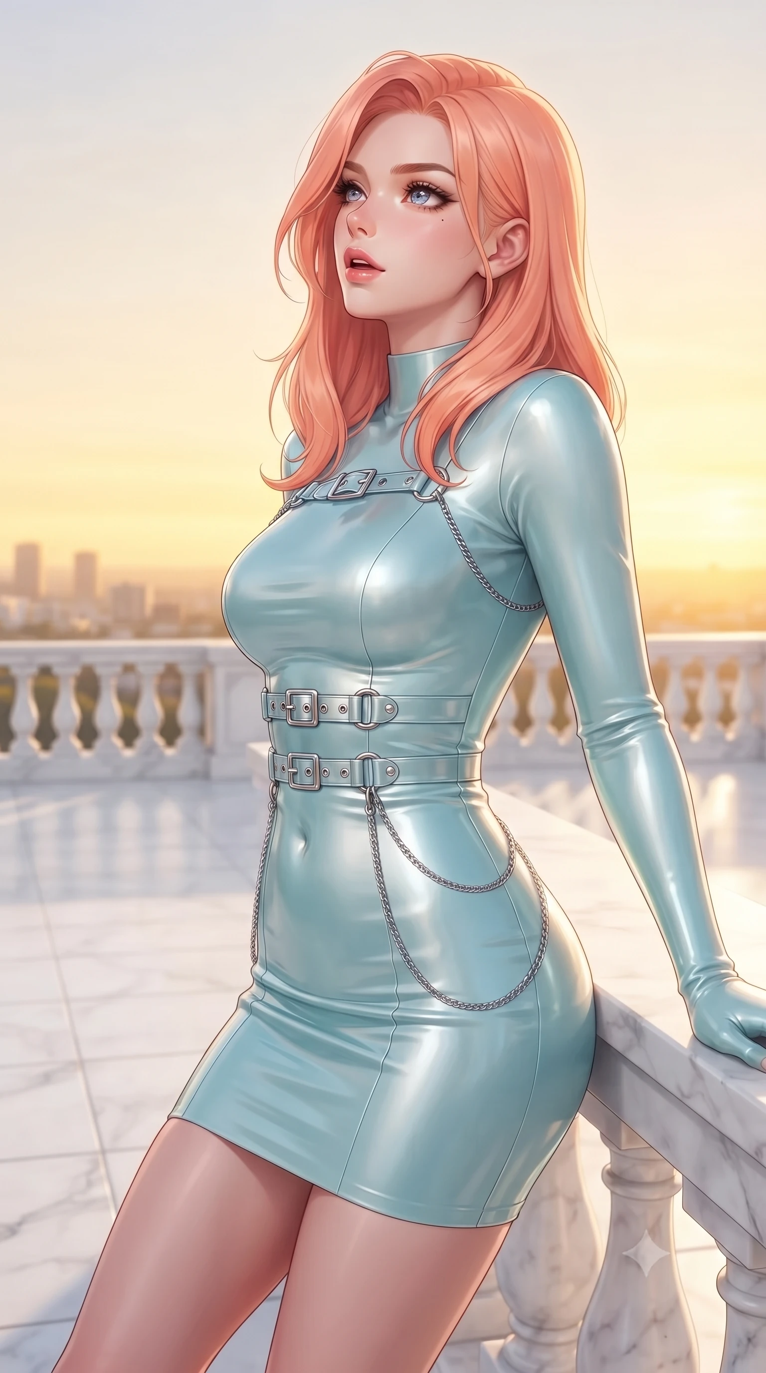 score_9, masterpiece, best quality, ultra-detailed, high-budget anime keyframe, editorial fashion photography, tasteful artistic composition, Japanese woman. close-up cowboy shot from the waist and thighs up, the character dominates the composition, filling the frame with her large presence, background elements kept in soft focus. Tilting her chin up slightly with lips parted in a composed, magnetic expression, resting against a marble balustrade looking out over an endless golden sky, white marble terrace creating a crisp architectural ground plane. She has an exceptionally elegant, slender, and willowy female figure with an ultra-slim waist, a gracefully sculpted slender torso, and a refined silhouette. sharp v-shaped jawline, high-bridge nose, intricate jewel-like eyes with depth, thick eyelashes, glossy lips with a natural sheen. wearing glove-like fit pale turquoise latex bodycon mini dress in metallic silver, made of liquid mercury jersey, framed by polished silver buckles and delicate chain details, highlighting her statuesque proportions and ultra-slim waistline. lit by clear sun-drenched sky light with soft ethereal shadows. highly saturated vibrant anime colors, detailed shading with soft gradients, rich glossy textures, high-contrast stereoscopic depth, volumetric dynamic lighting, master piece, 9:16 ratio