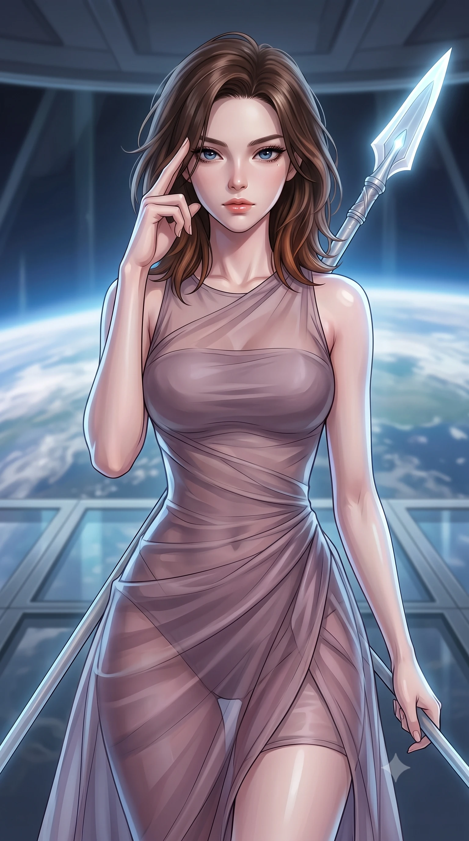 score_9, masterpiece, best quality, ultra-detailed, high-budget anime keyframe, editorial fashion photography, tasteful artistic composition, Korean woman. close-up cowboy shot from the waist and thighs up, the character dominates the composition, filling the frame with her large presence, background elements kept in soft focus. pressing two fingers to her temple while holding a light-spear diagonally behind her in a composed thoughtful gesture, the background shows a soft-focus a citadel bridge deck with glass panels showing a planet horizon below. She has an exceptionally elegant, slender, and willowy female figure with an ultra-slim waist, a gracefully sculpted slender torso, and a refined silhouette. sharp v-shaped jawline, high-bridge nose, intricate jewel-like eyes with depth, thick eyelashes, glossy lips with a natural sheen. wearing a form-contouring sheer organza dress in dusty mauve, showing her slender torso and willowy silhouette. cool silver light reflecting from the planet below wrapping her form in a glaze. highly saturated vibrant anime colors, detailed shading with soft gradients, rich glossy textures, high-contrast stereoscopic depth, volumetric dynamic lighting, master piece, 9:16 ratio