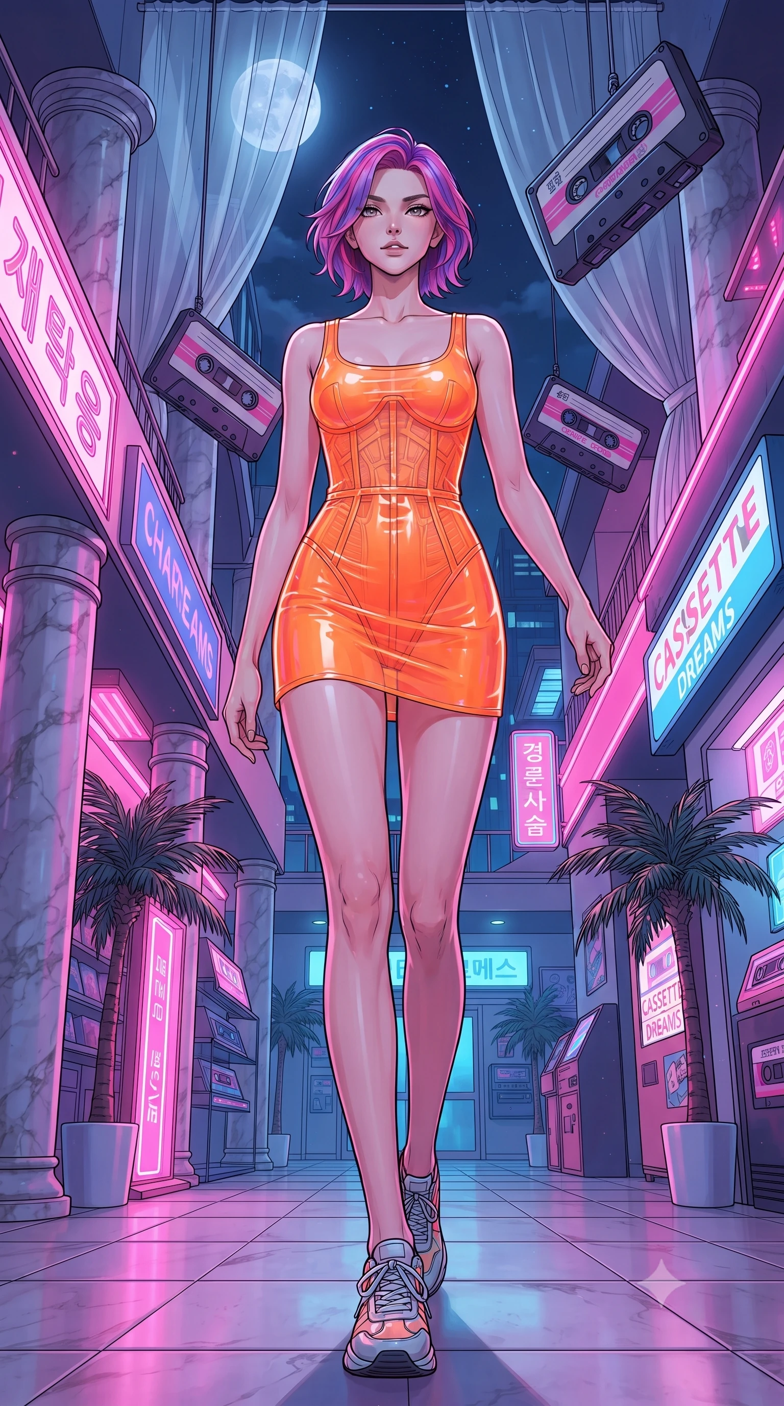 score_9, masterpiece, best quality, ultra-detailed, high-budget anime keyframe, editorial fashion photography, tasteful artistic composition, gorgeous anime illustration, with clean line-art, distinct ink outlines, and high-contrast stereoscopic depth, Caucasian woman, strictly human ears. low angle full-body shot from head to toe showing her feet, filling the entire 9:16 vertical frame with her statuesque presence, stretching her vertical silhouette. striding with confident, cheerful determination through inside a retro-themed shopping arcade with marble pillars, neon-pink lights, potted palm trees, and floating cassette tape sculptures. She has a statuesque 8.5-heads proportion, an exceptionally tall, slender and willowy model-like build with impossibly long legs and a highly sculpted ultra-slim waist. sharp v-shaped jawline, high-bridge nose, intricate jewel-like eyes with depth, thick eyelashes, glossy lips with a natural sheen. wearing a wet-look transparent finish mini dress in neon orange, with a visible corset interior structure. cold silver moonlight filtered through translucent gossamer curtains casting delicate shadows. 2k, ultra detail, master piece, 9:16 ratio, highly saturated vibrant anime colors, detailed cel-shading with soft gradients, rich glossy textures, deep contrast, volumetric dynamic lighting, 2d animation style