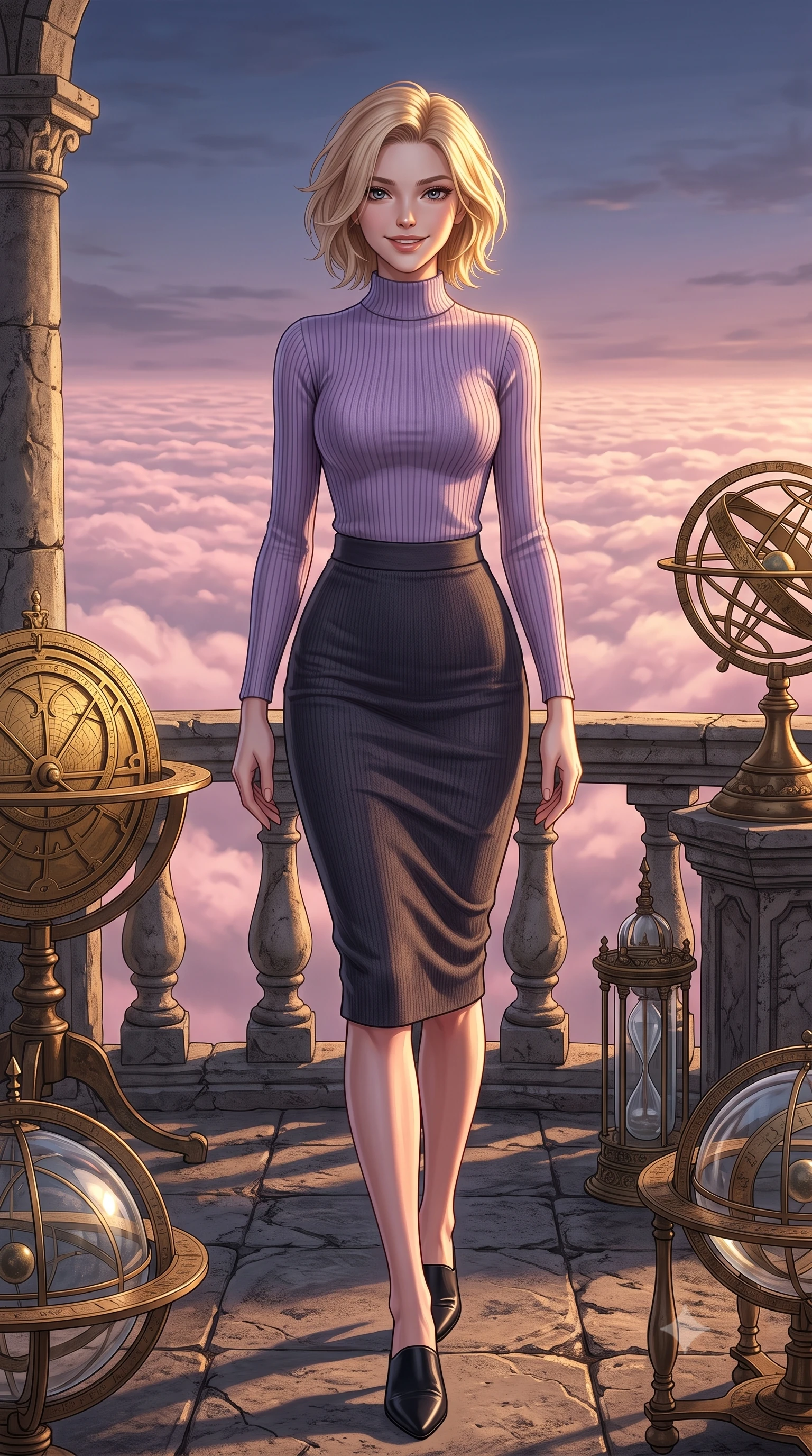 score_9, masterpiece, best quality, ultra-detailed, high-budget anime keyframe, editorial fashion photography, tasteful artistic composition, Caucasian woman, strictly human ears. low angle full-body shot from head to toe showing her feet, filling the entire 9:16 vertical frame with her statuesque presence, stretching her vertical silhouette. stepping elegantly with a warm, welcoming smile through standing on the balcony of an ancient stone observatory with rotating brass astrolabes, looking out over a sea of pink-tinted clouds. She has a statuesque 8.5-heads proportion, an exceptionally tall, slender and willowy model-like build with impossibly long legs and a highly sculpted ultra-slim waist. sharp v-shaped jawline, high-bridge nose, intricate jewel-like eyes with depth, thick eyelashes, glossy lips with a natural sheen. wearing a high-neck ribbed knit top in lavender, paired with a matching form-fitting knit pencil skirt in deep charcoal. dramatic chiaroscuro with a single golden key light sculpting her silhouette. 2k, ultra detail, master piece, 9:16 ratio