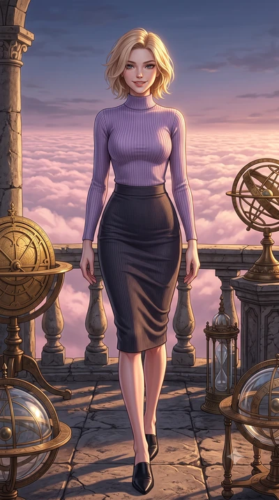score_9, masterpiece, best quality, ultra-detailed, high-budget anime keyframe, editorial fashion photography, tasteful artistic composition, Caucasian woman, strictly human ears. low angle full-body shot from head to toe showing her feet, filling th