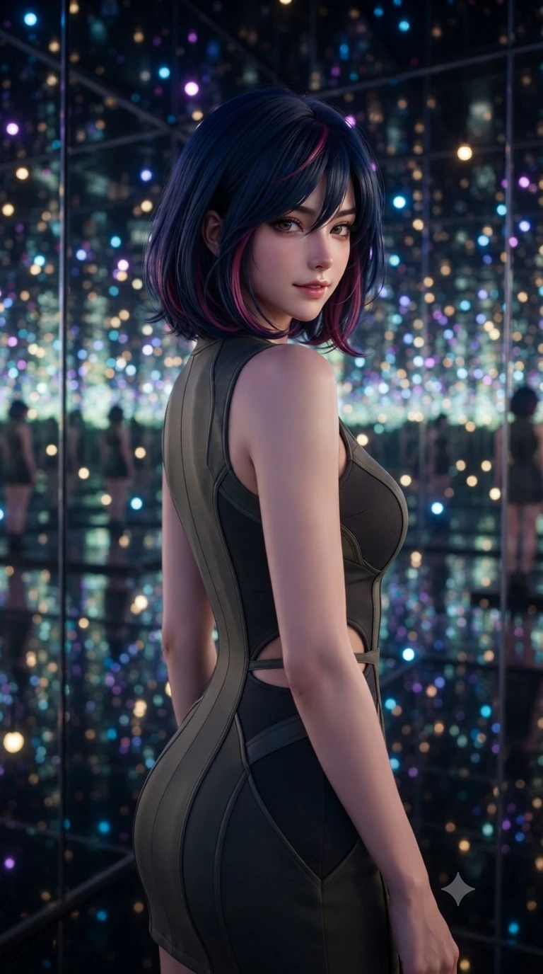 score_9, masterpiece, best quality, ultra-detailed, high-budget anime keyframe, editorial fashion photography, tasteful artistic composition, Korean woman. close-up cowboy shot from the waist and thighs up, the character dominates the composition, filling the frame with her large presence, background elements kept in soft focus. Glancing sidelong over her shoulder with a smoldering half-smile. set against a soft-focus background of inside an art installation of floor-to-ceiling mirrors on all six surfaces with thousands of LED points suspended at different depths creating the illusion of floating in an infinite field of colored stars. She has an exceptionally elegant and slender, willowy female figure with an ultra-slim waist, a gracefully sculpted slender torso, and a refined slim physique. sharp v-shaped jawline, high-bridge nose, intricate jewel-like eyes with depth, thick eyelashes, glossy lips with a natural sheen. wearing a combat mini dress in dark olive green and charcoal, featuring subtle hip cutouts and a structured bodice. soft glowing ambient light with sharp side key light tracing the sleek contours of her figure. 2k, ultra detail, master piece, 9:16 ratio