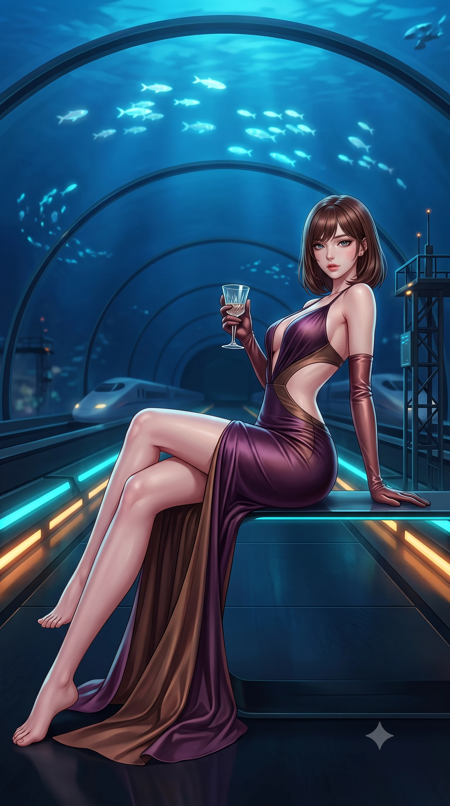 score_9, masterpiece, best quality, ultra-detailed, high-budget anime keyframe, semi-realistic 3D game render, editorial fashion photography, tasteful artistic composition, Korean woman. low angle full-body shot from head to toe showing her feet, filling the entire 9:16 vertical frame with her statuesque presence, stretching her vertical silhouette. reclining on her side in an elegant Cleopatra pose with one knee drawn up, the dramatic contour of her rounded hips and long slender legs commanding the 9:16 vertical frame while standing on the sleek composite platform beneath a curved transparent acrylic ceiling looking into the deep blue ocean, arching her back as schools of glowing fish glide above. The composition keeps background elements in soft focus with creamy bokeh. aerodynamic bullet train silhouettes and high-tech platform gantries softened in moody cyberpunk shallow focus. She has an exceptionally tall and slender model-like 8.5-heads proportion, an ultra-slim waist, a flat toned midriff, narrow delicate ribcage, and beautifully sculpted feminine hips creating a graceful, slim hourglass silhouette without any bulky heaviness, with impossibly long slender legs. sharp v-shaped jawline, high-bridge nose, intricate jewel-like eyes with depth, thick eyelashes, glossy parted lips with a natural sheen, intensely captivating and seductive bedroom-eyes expression, flawlessly proportioned anatomical accuracy, strict slender model proportions, natural body alignment, perfectly sculpted long slender limbs, ultra-slim waistline, clean dynamic posture without body distortion. wearing a sculptured liquid-satin mermaid gown with an architectural open-waist cutout and bare spine in deep plum violet and antique bronze, made of fluid silk crepe with delicate inner corsetry boning, accessorized with opera-length satin gloves and a vintage crystal glass, the liquid-tight tailored fabric clinging flawlessly to her narrow waist and rounded feminine hips, emphasizing every millimeter of her sculpted slim hourglass curves without any bulky heaviness. bathed in high-contrast cyan and amber track edge lights contrasting with deep ocean blue overhead ambient glow. highly saturated vibrant anime colors, detailed shading with soft gradients, rich glossy textures, high-contrast stereoscopic depth, volumetric dynamic lighting, master piece, 9:16 ratio