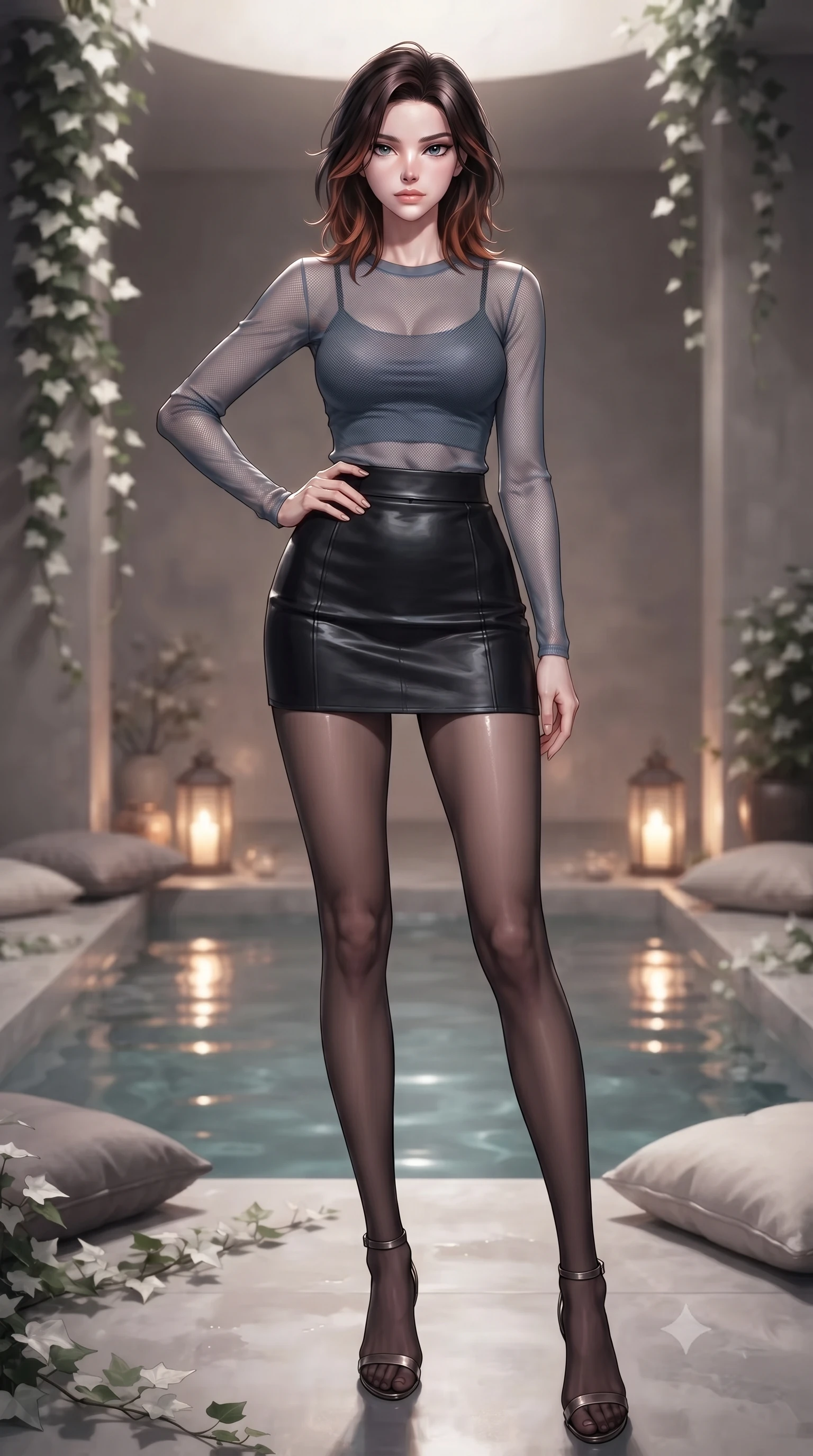 score_9, masterpiece, best quality, ultra-detailed, high-budget anime keyframe, editorial fashion photography, tasteful artistic composition, Korean woman woman. low angle full-body shot from head to toe showing her feet, filling the entire 9:16 vertical frame with her statuesque presence, stretching her vertical silhouette. posing confidently with one hand on her hip, stretching her statuesque body to emphasize her curves the background shows a soft-focus a quiet sanctuary chamber with a central water pool, soft cushions, and white ivy. She has an absolutely perfect, statuesque 8.5-heads proportion, an exceptionally tall and slender model-like female figure with impossibly long slender legs and an ultra-slim waist. sharp v-shaped jawline, high-bridge nose, intricate jewel-like eyes with depth, thick eyelashes, glossy lips with a natural sheen. wearing a body-hugging semi-transparent mesh top in slate grey, paired with a leather mini skirt and sheer stockings. warm lantern light reflecting off the still water surface. ultra-reflective glossy finish, specular highlights, metallic sheen, high-contrast stereoscopic depth, volumetric dynamic lighting, 2k, ultra detail, master piece, 9:16 ratio