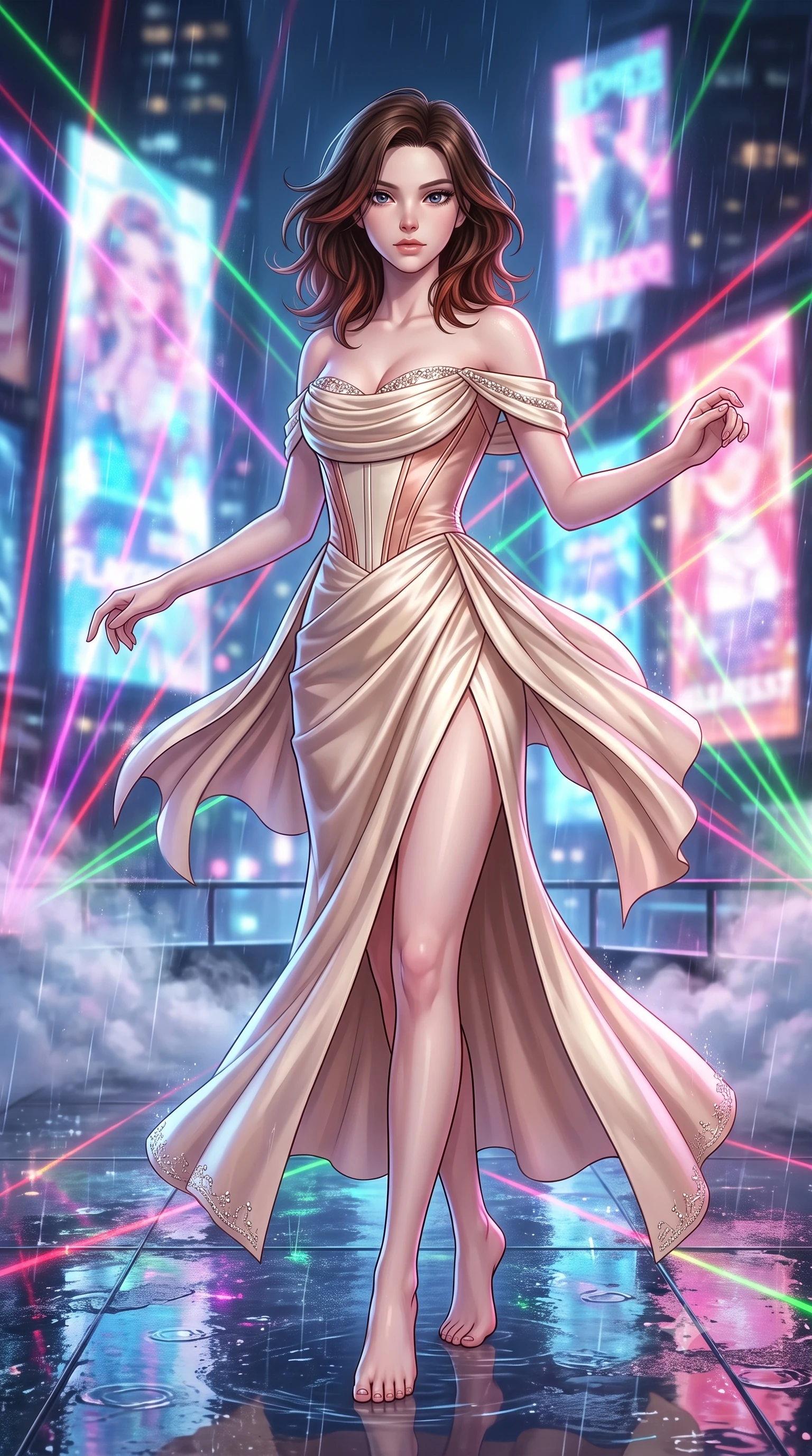 score_9, masterpiece, best quality, ultra-detailed, high-budget anime keyframe, semi-realistic 3D game render, editorial fashion photography, tasteful artistic composition, Korean woman. low angle full-body shot from head to toe showing her feet, filling the entire 9:16 vertical frame with her statuesque presence, stretching her vertical silhouette. executing an elegant mid-motion spin with effortless grace, her garments fluttering softly around her ultra-slim waistline while dancing dynamically on a rain-slicked skyscraper rooftop amidst pulsating RGB laser beams and giant holographic billboards. The composition keeps background elements in soft focus with creamy bokeh. drifting smoke machine haze and falling raindrops catching laser beam motes across the rooftop. She has an absolutely perfect, statuesque 8.5-heads proportion, an exceptionally tall and slender model-like female figure with impossibly long slender legs, a toned flat midriff, and an ultra-slim waist. sharp v-shaped jawline, high-bridge nose, intricate jewel-like eyes with depth, thick eyelashes, glossy lips with a natural sheen, captivating and magnetic expression, flawlessly proportioned anatomical accuracy, strict slender model proportions, natural body alignment, perfectly sculpted long slender limbs, ultra-slim waistline, clean dynamic posture without body distortion. wearing a statuesque off-shoulder champagne satin gala dress featuring a thigh-high side slit and draped corset bodice in champagne ivory and rose gold, tailored from ultra-smooth duchess satin with a pearlescent sheen, finished with delicate crystal embroidery along the neckline and hem edition #32, the form-contouring material adhering flawlessly to her sculpted flat midriff and slender torso, emphasizing her long leg lines and perfectly proportioned willowy build. bathed in flashing RGB strobe lights and glowing holographic billboard backlighting. highly saturated vibrant anime colors, detailed shading with soft gradients, rich glossy textures, high-contrast stereoscopic depth, volumetric dynamic lighting, master piece, 9:16 ratio