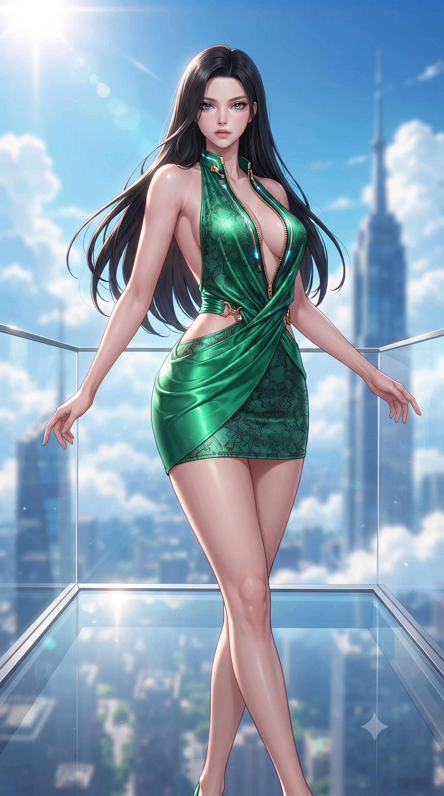 score_9, masterpiece, best quality, ultra-detailed, high-budget anime keyframe, editorial fashion photography, tasteful artistic composition, Korean woman. low angle full-body shot from head to toe showing her feet, filling the entire 9:16 vertical frame with her statuesque presence, stretching her vertical silhouette. pivoting dynamically in mid-motion with a breathtakingly alluring posture, displaying her flawless model proportions and ultra-slim waist while pivoting dynamically on a cantilevered glass observation deck as sunlight reflects brilliantly off distant clouds. The composition keeps background elements in soft focus with creamy bokeh. towering glass skyscraper spires and white fluffy cumulus clouds blurred into vivid sky-blue bokeh. She has an absolutely perfect, statuesque 8.5-heads proportion, an exceptionally tall and slender model-like female figure with impossibly long slender legs, a toned flat midriff, and an ultra-slim waist. sharp v-shaped jawline, high-bridge nose, intricate jewel-like eyes with depth, thick eyelashes, glossy lips with a natural sheen, flawlessly proportioned anatomical accuracy, strict slender model proportions, natural body alignment, perfectly sculpted long slender limbs, ultra-slim waistline, clean dynamic posture without body distortion. wearing a form-contouring liquid satin halter-neck mini dress with a deep crossover cowl front, open back, and ultra-slender waist drape in bright emerald green satin and gold hardware, crafted from delicate dark lace interwoven with luminescent micro-fibers, featuring a dangerously unzipped neckline framed by glowing cybernetic accents, the liquid-tight tailored fabric emphasizing every curve of her tall, slender model proportions and sculptured silhouette during dynamic movement. bathed in brilliant high-noon sunbursts and rich sky-blue ambient bounce light. ultra-reflective glossy finish, specular highlights, metallic sheen, high-contrast stereoscopic depth, volumetric dynamic lighting, 2k, ultra detail, master piece, 9:16 ratio