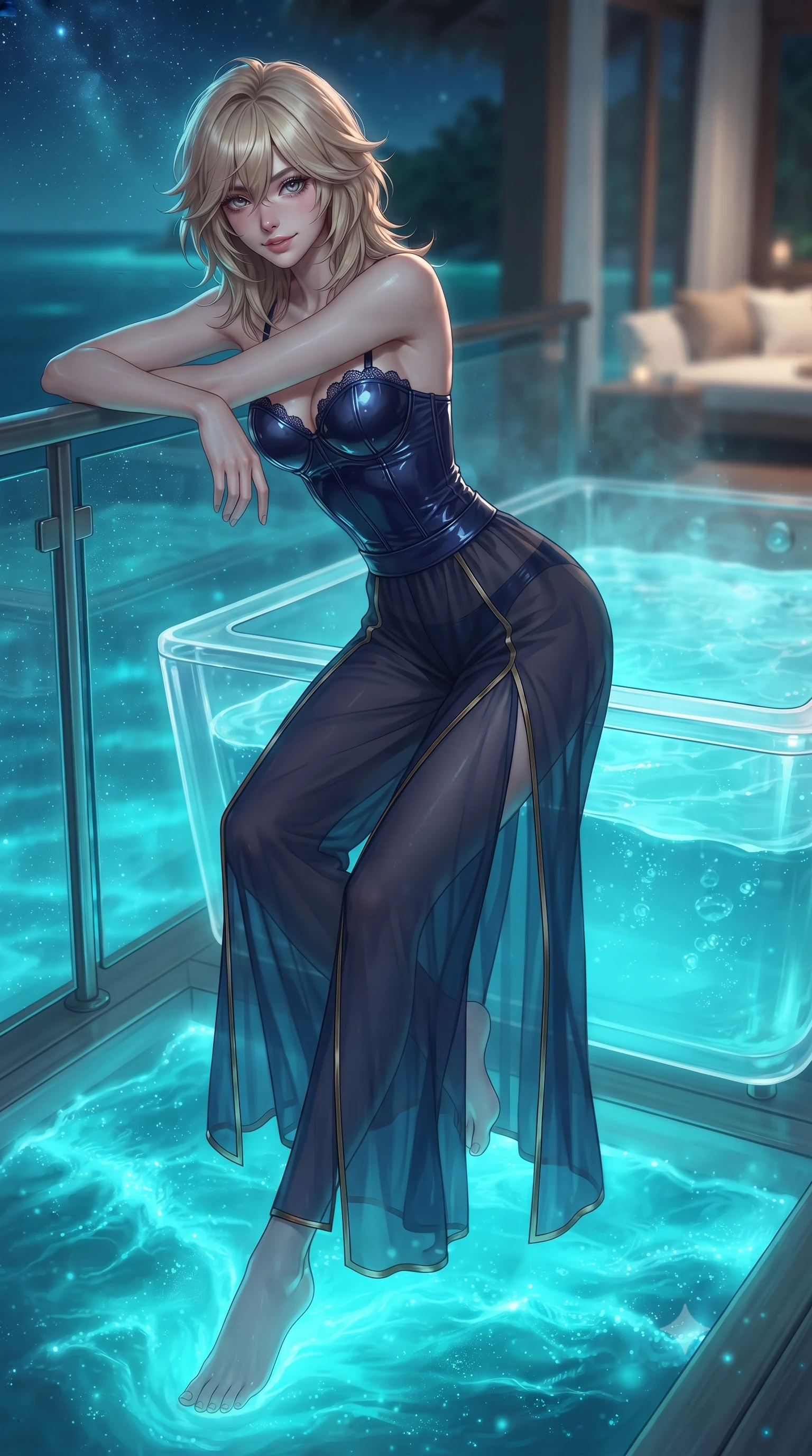score_9, masterpiece, best quality, ultra-detailed, high-budget anime keyframe, editorial fashion photography, tasteful artistic composition, Japanese woman. low angle full-body shot from head to toe showing her feet, filling the entire 9:16 vertical frame with her statuesque presence, stretching her vertical silhouette. leaning deep against the balcony balustrade with hips cocked back in an unapologetically alluring high-fashion stance, casting an intoxicating glance while sitting poised inside the clear acrylic jacuzzi suspended over the glowing turquoise lagoon, arching her spine with wet-look siren grace as neon-cyan plankton waves wash beneath. The background shows a soft-focus bubbling hydrotherapy jet rings softened in intimate tropical luxury shallow focus. She has an absolutely perfect, statuesque 8.5-heads proportion, an exceptionally tall and slender model-like female figure with impossibly long slender legs, an ultra-slim waist, a flat toned midriff, narrow delicate ribcage, and beautifully sculpted feminine hips creating a graceful, slim hourglass silhouette without any bulky heaviness. sharp v-shaped jawline, high-bridge nose, sparkling eyes with hypnotic seductive depth, thick curled eyelashes, glossy parted lips with a natural dewy peach sheen, alluring bedroom-eyes with an enchanting coquettish smile, exuding magnetic siren charisma and sophisticated glamour, flawlessly proportioned anatomical accuracy, strict slender model proportions, natural body alignment, perfectly sculpted long slender limbs, ultra-slim waistline, clean dynamic posture without body distortion. wearing a wet-look form-fitting vinyl bustier paired with sheer chiffon high-slit wide-leg trousers in Austrian opera midnight indigo and antique brass, crafted from wet-look high-gloss vinyl fabric with dazzling specular surface reflections, finished with scalloped eyelash lace trim framing her sweetheart neckline with intimate elegance, the high-slit wrap tailoring accentuating her ultra-slim waistline and the enchanting curve of her feminine hips with alluring seductive charm. bathed in supernatural glowing neon-cyan light radiating upward from bioluminescent lagoon waters mixed with celestial starlight. ultra-reflective glossy finish, specular highlights, rich textural contrasts, high-contrast stereoscopic depth, volumetric dynamic lighting, 2k, ultra detail, master piece, 9:16 ratio