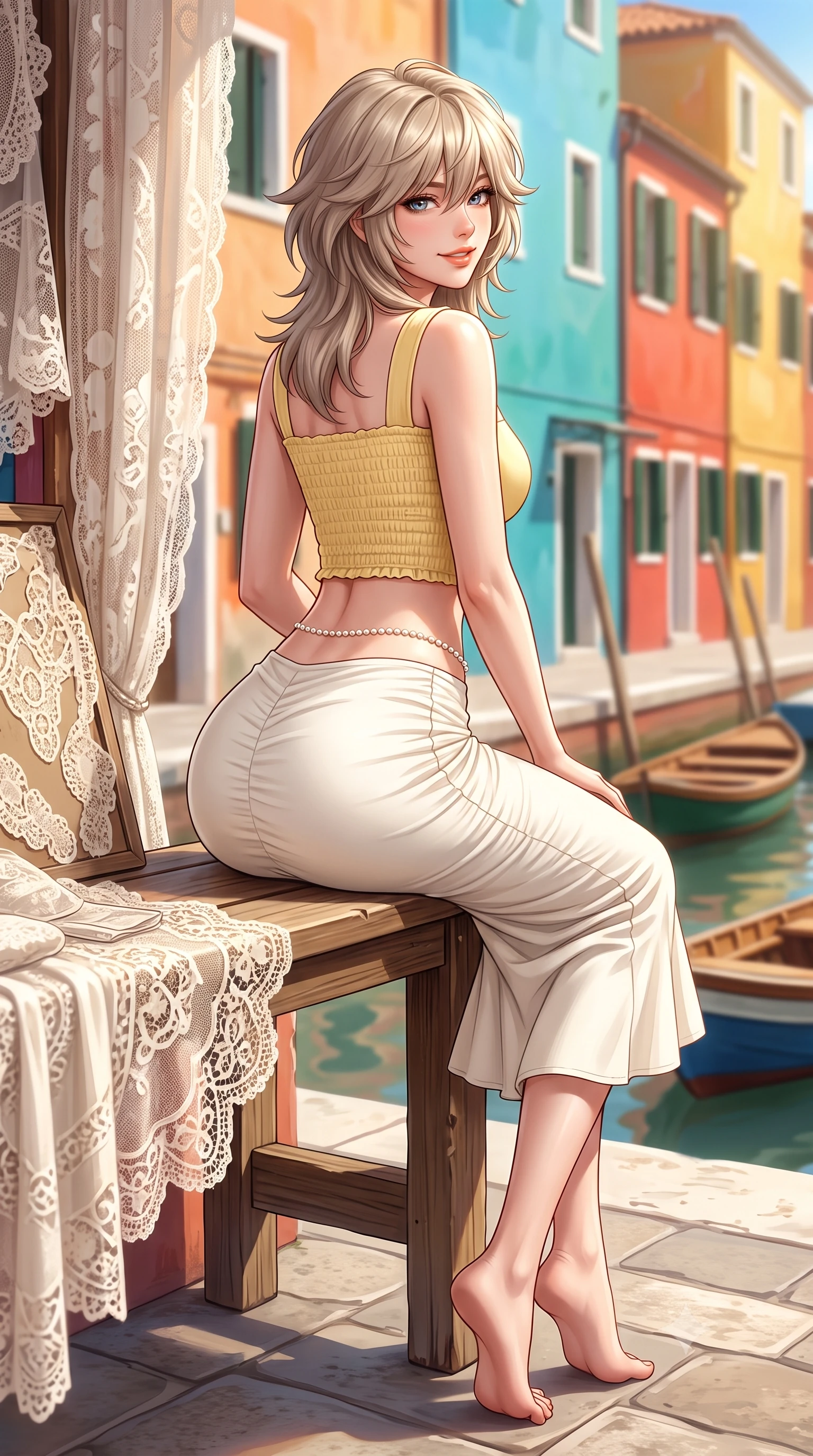 score_9, masterpiece, best quality, ultra-detailed, high-budget anime keyframe, semi-realistic 3D game render, editorial fashion photography, tasteful artistic composition, Japanese woman. low angle full-body shot from head to toe showing her feet, filling the entire 9:16 vertical frame with her statuesque presence, stretching her vertical silhouette. posing with back turned slightly to the lens, glancing back with an enchanting, playful smile as she arches her lower back to emphasize her sculpted feminine hips and slender waist while sitting on a sunlit wooden bench beside handmade Venetian lace displays with legs crossed, her flat midriff and curvy hips highlighted in the sun. The composition keeps background elements in soft focus with dreamy creamy bokeh. hanging handmade lace curtains and small wooden boats softened in charming Italian shallow focus. She has an exceptionally tall and slender model-like 8.5-heads proportion, an ultra-slim waist, a flat toned midriff, narrow delicate ribcage, and beautifully sculpted feminine hips creating a graceful, slim hourglass silhouette without any bulky heaviness, with impossibly long slender legs. sharp v-shaped jawline, high-bridge nose, intricate jewel-like sparkling eyes with depth, thick eyelashes, glossy parted lips with a natural peach sheen, bright cheerful beaming smile with an enchanting and coquettish sensual glint, exuding both youthful cute charm and seductive allure, flawlessly proportioned anatomical accuracy, strict slender model proportions, natural body alignment, perfectly sculpted long slender limbs, ultra-slim waistline, clean dynamic posture without body distortion. wearing a fitted square-neck smocked crop top paired with a curve-hugging ruched mermaid midi skirt in bright butter yellow and fresh cream white, tailored from crisp cotton poplin with clean structural lines, accented with a dainty pearl waist chain catching the ambient sunlight, the high-waisted tailoring accentuating her ultra-slim waistline and the enchanting curve of her feminine hips with alluring charm. bathed in brilliant midday Mediterranean sunlight reflecting off vibrant colorful walls. highly saturated vibrant anime colors, detailed shading with soft gradients, rich glossy textures, high-contrast stereoscopic depth, volumetric dynamic lighting, master piece, 9:16 ratio