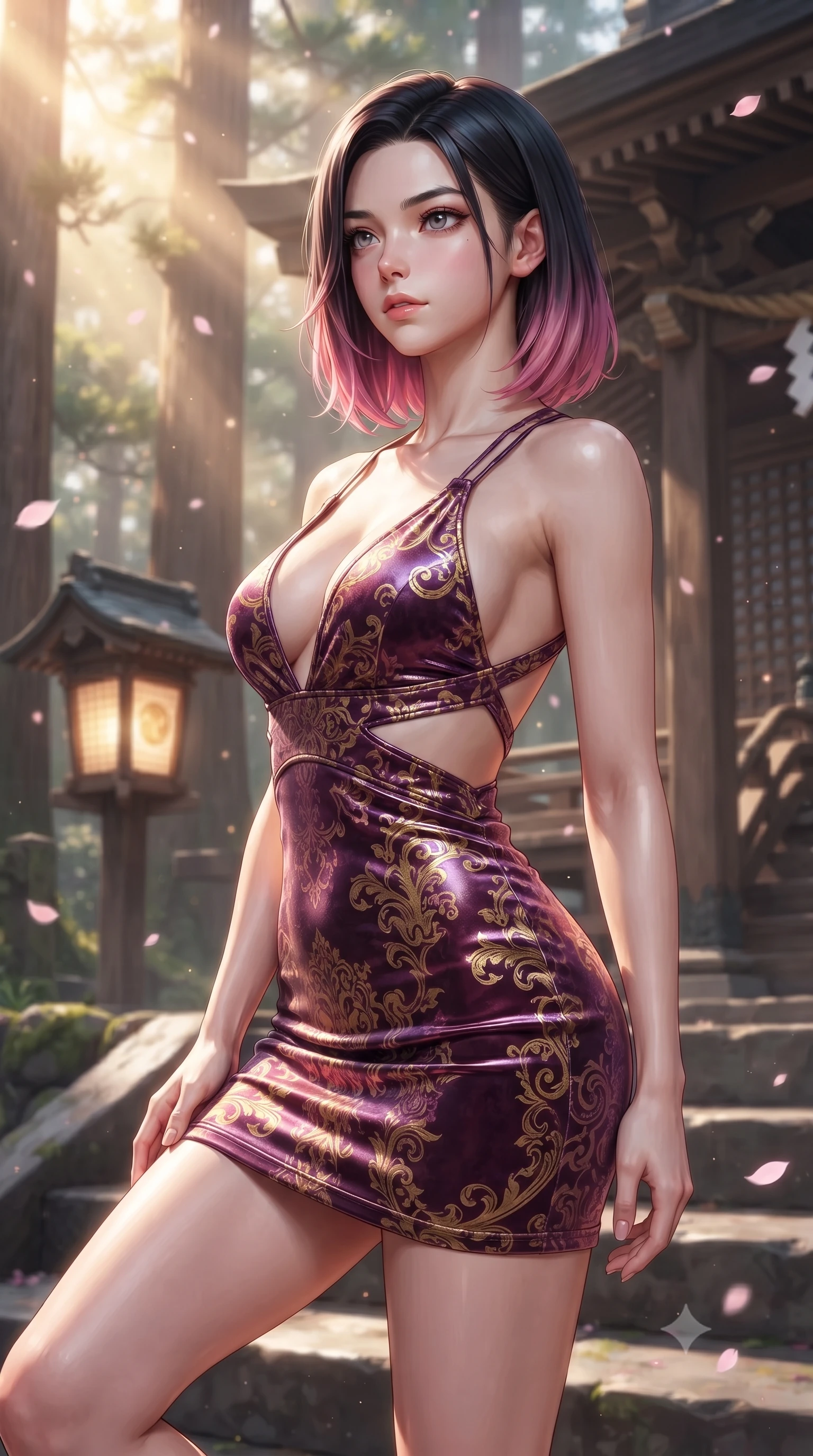 score_9, masterpiece, best quality, ultra-detailed, high-budget anime keyframe, editorial fashion photography, tasteful artistic composition, Korean woman. close-up cowboy shot from the waist and thighs up, the character dominates the composition, filling the frame with her large presence, background elements kept in soft focus. Gazing past the camera with an air of effortless elegance and mysterious confidence poised on the steps of a traditional wooden shrine surrounded by floating sakura, morning fog scattering golden sunlight through towering cedar trees. She has an exceptionally elegant, slender, and willowy female figure with an ultra-slim waist, a gracefully sculpted slender torso, and a refined silhouette. sharp v-shaped jawline, high-bridge nose, intricate jewel-like eyes with depth, thick eyelashes, glossy lips with a natural sheen. wearing a liquid mercury gloss mini dress with ultra-deep V-neck and waist cutouts in plum purple and gold filigree, made of premium stretch velvet with a rich sheen, complemented by criss-cross back straps highlighting her bare shoulders, the form-contouring material highlighting her ultra-slim waist and long lines. illuminated by soft glowing paper lantern light and warm sunbursts. highly saturated vibrant anime colors, detailed shading with soft gradients, rich glossy textures, high-contrast stereoscopic depth, volumetric dynamic lighting, master piece, 9:16 ratio