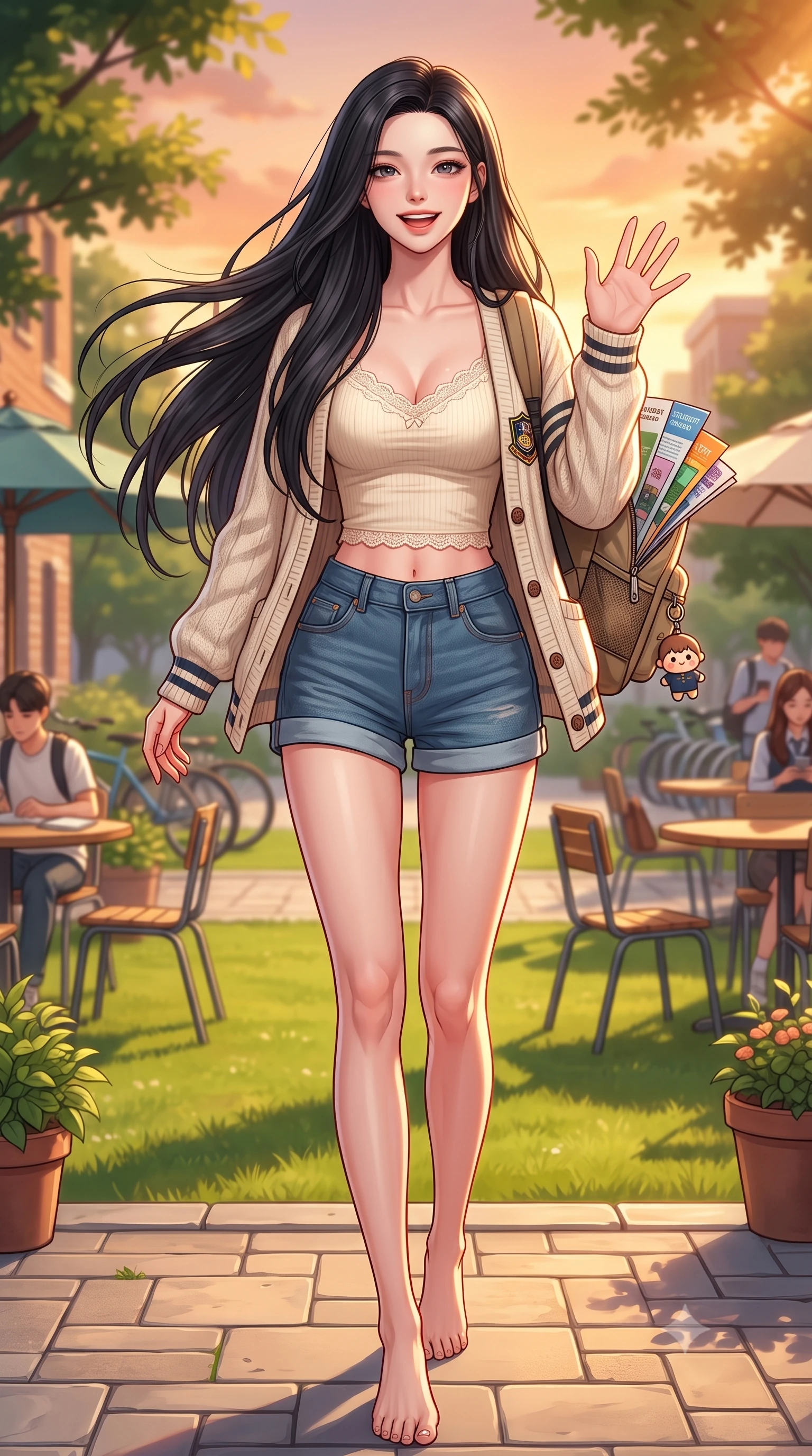 score_9, masterpiece, best quality, ultra-detailed, high-budget anime keyframe, editorial fashion photography, tasteful artistic composition, Korean woman. low angle full-body shot from head to toe showing her feet, filling the entire 9:16 vertical frame with her statuesque presence, stretching her vertical silhouette. stepping forward with a bright, cheerful smile, waving happily at the viewer set against a soft-focus background of in a sunlit campus courtyard filled with student tables, potted plants, and bicycle racks with a pile of student brochures and a cute key ring on her backpack. She has an absolutely perfect, statuesque 8.5-heads proportion, an exceptionally tall and slender model-like female figure with impossibly long slender legs and an ultra-slim waist. sharp v-shaped jawline, high-bridge nose, intricate jewel-like eyes with depth, thick eyelashes, glossy lips with a natural sheen. wearing slim-fit delicate lace-trim crop top in cream, worn under an open preppy cardigan and denim shorts. golden hour sunset light casting a peaceful, cozy orange wash across the lawns. highly saturated vibrant anime colors, detailed shading with soft gradients, rich glossy textures, high-contrast stereoscopic depth, volumetric dynamic lighting, master piece, 9:16 ratio