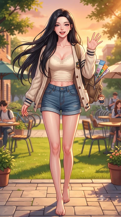 score_9, masterpiece, best quality, ultra-detailed, high-budget anime keyframe, editorial fashion photography, tasteful artistic composition, Korean woman. low angle full-body shot from head to toe showing her feet, filling the entire 9:16 vertical f