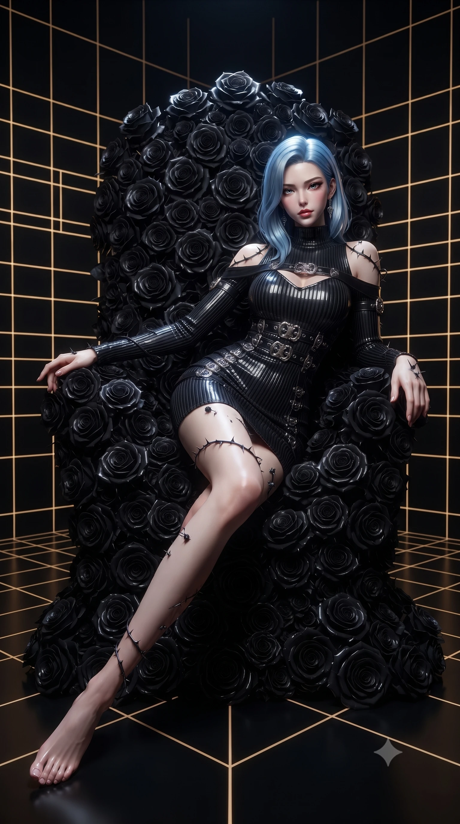 score_9, masterpiece, best quality, ultra-detailed, High-budget Anime Keyframe, editorial fashion photography, tasteful artistic composition, realistic cosplay photography, East Asian woman. Dynamic full-body shot stretching the vertical silhouette to the limit. Scenario 322: resting on a throne of black roses, thorns grazing her skin, in a digital arena where gold gridlines project onto the black walls. Her presence is magnetic and overpowering in this high-budget cinematic scene. Outfit 322: a slim-fit ribbed bodycon knit dangerous with a low-cut shoulder and metallic buckles. The clothing is designed to emphasize her exceptionally tall and slender 8-heads proportion. 8-heads proportion, towering silhouette, ultra-slim waist. sharp v-shaped jawline, intricate jewel-like eyes with depth, thick eyelashes, glossy lips. ultra-reflective glossy finish, specular highlights, metallic sheen, high-contrast stereoscopic depth, volumetric dynamic lighting, 2k, ultra detail, master piece, 9:16 ratio