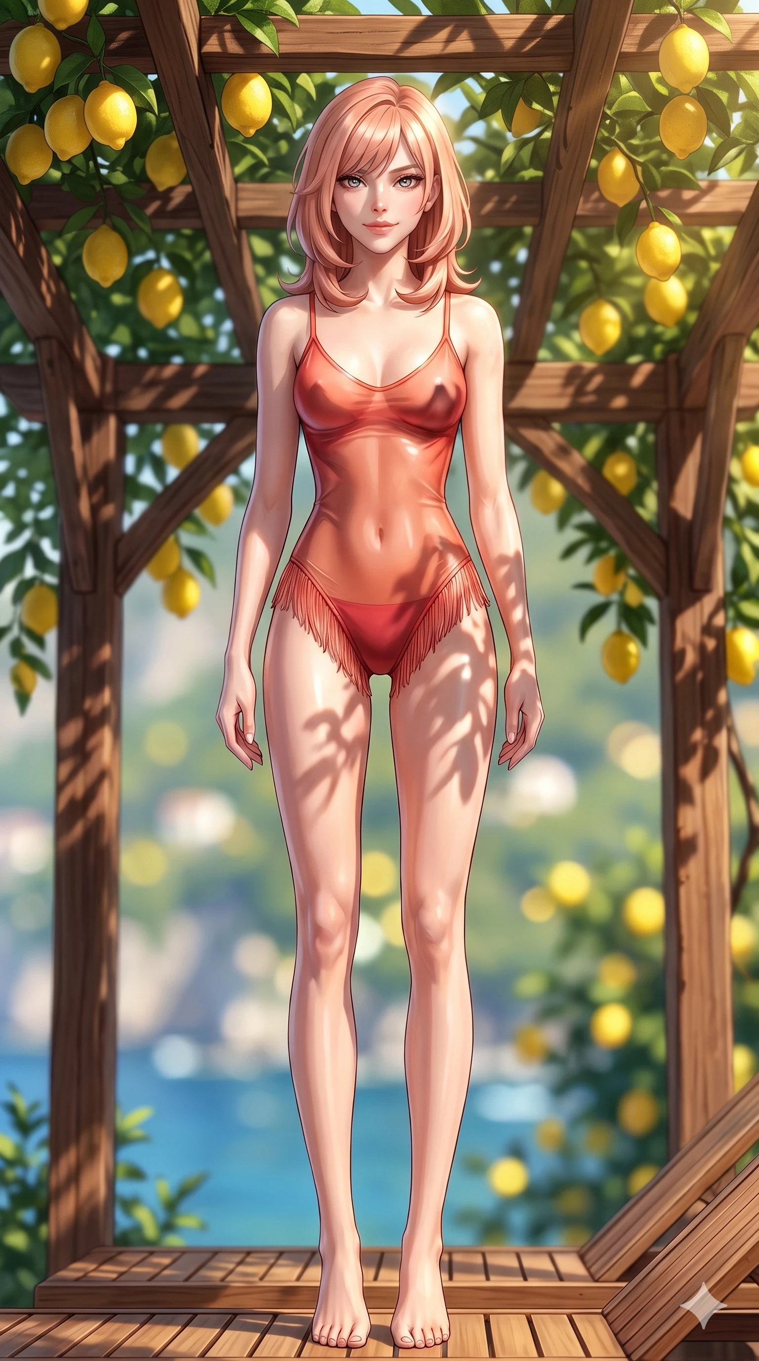 score_9, masterpiece, best quality, ultra-detailed, high-budget anime keyframe, semi-realistic 3D game render, editorial fashion photography, tasteful artistic composition, Japanese woman. low angle full-body shot from head to toe showing her feet, filling the entire 9:16 vertical frame with her statuesque presence, stretching her vertical silhouette. reclining gracefully across the yacht teak sunpad with one leg extended, her sculpted silhouette and flat midriff radiating magnetic nocturnal glamour while standing in a tall, confident posture beneath the rustic wooden pergola laden with fragrant ripe yellow lemons, stretching her statuesque body. The background shows a soft-focus hanging yellow Amalfi lemons, rustic chestnut pergolas, and the glittering Gulf of Salerno hundreds of feet below blurred into lemon, leaf-green, and sapphire bokeh. She has an absolutely perfect, statuesque 8.5-heads proportion, an exceptionally tall and slender model-like female figure with impossibly long slender legs, an ultra-slim waist, a flat toned midriff, narrow delicate ribcage, and beautifully sculpted feminine hips creating a graceful, slim hourglass silhouette without any bulky heaviness. sharp v-shaped jawline, high-bridge nose, sparkling eyes with hypnotic seductive depth, thick curled eyelashes, glossy parted lips with a natural dewy peach sheen, alluring bedroom-eyes with an enchanting coquettish smile, exuding magnetic siren charisma and sophisticated glamour, flawlessly proportioned anatomical accuracy, strict slender model proportions, natural body alignment, perfectly sculpted long slender limbs, ultra-slim waistline, clean dynamic posture without body distortion. wearing a delicate semi-translucent wet-look mesh bodysuit clinging sheerly to her sculpted torso and hip curves in blazing sunset peach and deep coral crimson, crafted from translucent iridescent mesh with a wet-look second-skin cling, finished with a delicate silk fringe trim fluttering along her hip line with kinetic charm, the form-contouring material adhering flawlessly to her sculpted flat midriff and slender torso, emphasizing her long leg lines and perfectly proportioned willowy build. bathed in warm 2900K afternoon sunbeams filtering through dense green lemon foliage creating intricate organic shadow patterns. highly saturated vibrant anime colors, detailed shading with soft gradients, rich glossy textures, high-contrast stereoscopic depth, volumetric dynamic lighting, master piece, 9:16 ratio