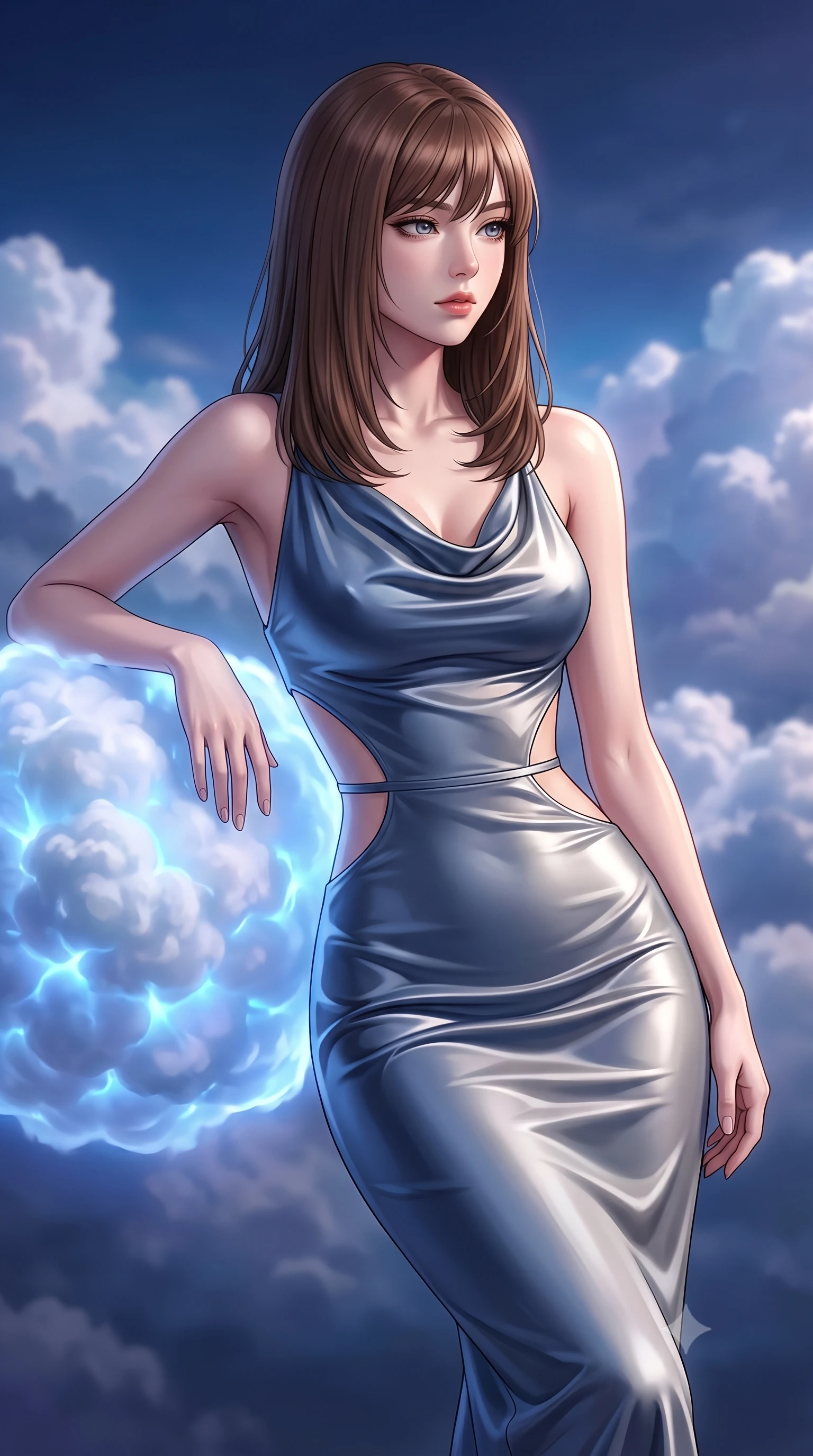 score_9, masterpiece, best quality, ultra-detailed, high-budget anime keyframe, editorial fashion photography, tasteful artistic composition, Korean woman. close-up cowboy shot from the waist and thighs up, the character dominates the composition, filling the frame with her large presence, background elements kept in soft focus. Gazing past the camera with an air of effortless elegance and mysterious confidence resting near a glowing cloud sphere emitting soft electric blue pulses, volumetric cumulus cloud textures illuminated from within by electric light. She has an exceptionally elegant, slender, and willowy female figure with an ultra-slim waist, a gracefully sculpted slender torso, and a refined silhouette. sharp v-shaped jawline, high-bridge nose, intricate jewel-like eyes with depth, thick eyelashes, glossy lips with a natural sheen. wearing an elegant cowl-neck satin midi dress with a draped neckline in slate blue and metallic silver, crafted from smooth liquid silk, featuring clean architectural cutouts along her slender torso, the form-contouring material highlighting her ultra-slim waist and long lines. surrounded by a majestic, atmospheric sky aura with soft gradients. highly saturated vibrant anime colors, detailed shading with soft gradients, rich glossy textures, high-contrast stereoscopic depth, volumetric dynamic lighting, master piece, 9:16 ratio