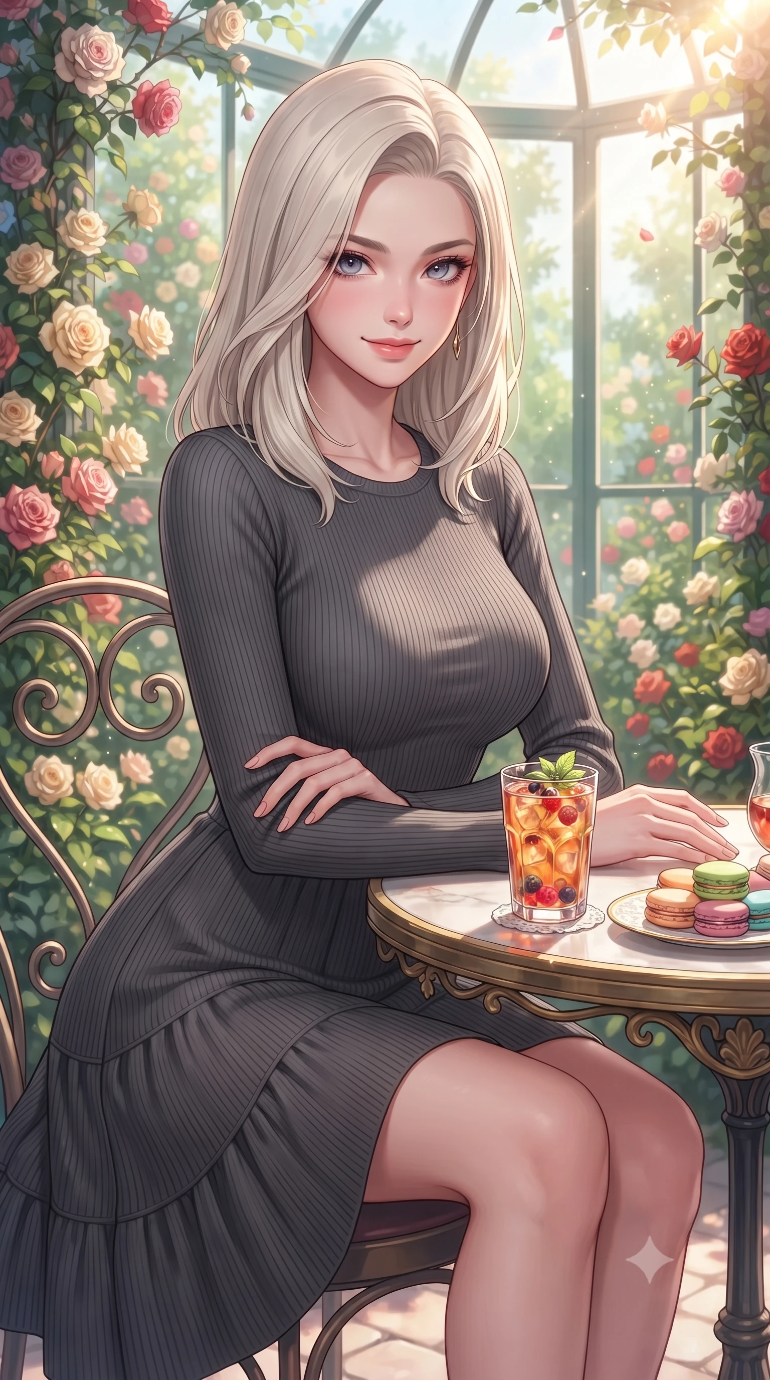 score_9, masterpiece, best quality, ultra-detailed, high-budget anime keyframe, editorial fashion photography, tasteful artistic composition, Caucasian woman. close-up cowboy shot from the waist and thighs up, the character dominates the composition, filling the frame with her large presence, background elements kept in soft focus. leaning slightly forward over the table with a playful, magnetic smile that locks direct eye contact set against a soft-focus background of inside an exclusive rose conservatory with a glass of iced fruit tea and delicate macaron pastries arranged on the table. She has an exceptionally elegant, slender, and willowy female figure with an ultra-slim waist, a gracefully sculpted slender torso, and a refined silhouette. sharp v-shaped jawline, high-bridge nose, intricate jewel-like eyes with depth, thick eyelashes, glossy lips with a natural sheen. wearing form-contouring charcoal ribbed cashmere flowy linen sundress with a comfortable tiered skirt silhouette featuring refined tailored seams. accented by a single dramatic key light highlighting her statuesque posture and slim waist. highly saturated vibrant anime colors, detailed shading with soft gradients, rich glossy textures, high-contrast stereoscopic depth, volumetric dynamic lighting, master piece, 9:16 ratio
