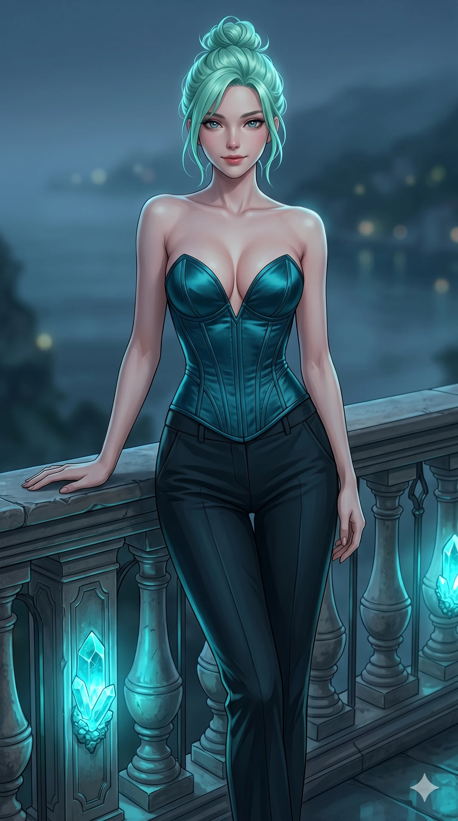 score_9, masterpiece, best quality, ultra-detailed, high-budget anime keyframe, editorial fashion photography, tasteful artistic composition, Japanese woman. cowboy shot from the thighs up, character and outfit filling the frame for maximum editorial presence. resting one hand on the bridge railing, looking at the lens with a bedroom-eyes smile on a balcony overlooking a misty bay (Code-P17-143). She has an absolutely perfect 8-heads proportion, an exceptionally tall and slender female figure with impossibly long slender legs and an ultra-slim waist. V-shaped jawline, high-bridge nose, intricate jewel-like eyes with depth, thick eyelashes, glossy lips with a natural sheen. wearing a structured satin corset with a deep sweetheart neckline showing her cleavage. mystical cyan glow from the crystal geodes, creating a strong contrast with the shadow. 2k, ultra detail, master piece, 9:16 ratio