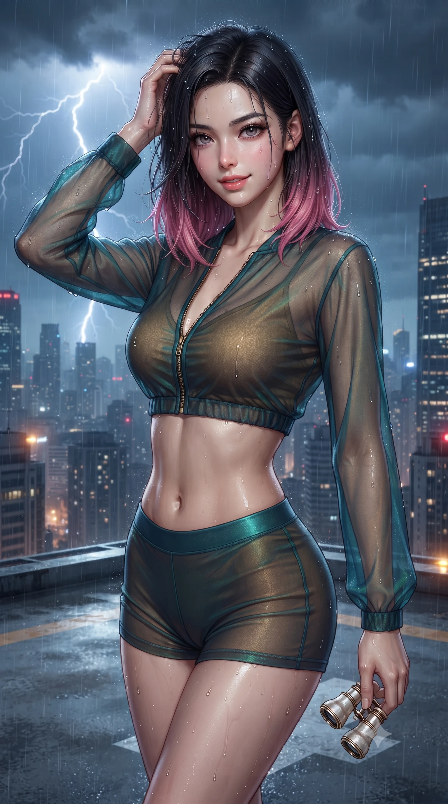 score_9, masterpiece, best quality, ultra-detailed, high-budget anime keyframe, editorial fashion photography, tasteful artistic composition, Korean woman. close-up cowboy shot from the waist and thighs up, the character dominates the composition, filling the frame with her large presence. twisting her slender torso in an alluring contrapposto stance, one hand resting on her sculpted hip while her fingers toy with her hair with effortless poise while standing tall on the wet concrete helipad with hips cocked back, lightning flashing across the sky as rain traces her statuesque curves. The surrounding environment is rendered in vivid detail and crisp panoramic clarity: detailed second-skin waterproof fabric weave, rain-glistening skin sheen, and metropolitan high-rise parapet in high resolution. She has an exceptionally elegant, slender, and willowy female figure with an ultra-slim waist, flat toned midriff, narrow ribcage, and sculpted feminine hips creating an alluring, slim hourglass silhouette without bulk. sharp v-shaped jawline, high-bridge nose, sparkling eyes with hypnotic seductive depth, thick curled eyelashes, glossy parted lips with a natural dewy peach sheen, alluring bedroom-eyes with an enchanting coquettish smile, exuding magnetic siren charisma and sophisticated glamour, flawlessly proportioned anatomical accuracy, strict slender model proportions, natural body alignment, perfectly sculpted long slender limbs, ultra-slim waistline, clean dynamic posture without body distortion. wearing a modern two-piece tactical siren set featuring a zip-front bolero jacket and curve-hugging compression hot-pants in iridescent peacock teal and burnished antique brass, made of sheer gossamer chiffon that drapes softly against skin with airy translucence, accented with an antique mother-of-pearl opera glass held casually in one hand, the second-skin tailored fabric adhering flawlessly to her sculpted flat midriff and slender torso, emphasizing her long leg lines and perfectly proportioned willowy build. bathed in rhythmic amber helipad beacon flashes paired with cool lightning ambient strobes. ultra-reflective glossy finish, specular highlights, rich textural contrasts, high-contrast stereoscopic depth, volumetric dynamic lighting, 2k, ultra detail, master piece, 9:16 ratio