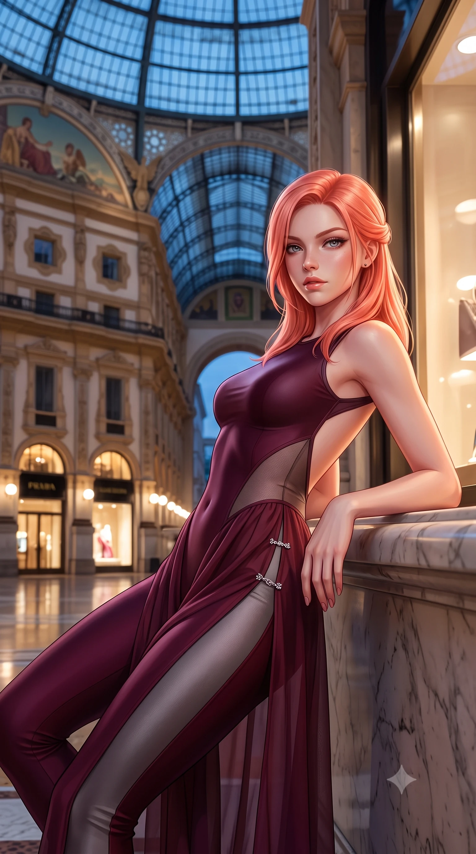 score_9, masterpiece, best quality, ultra-detailed, high-budget anime keyframe, semi-realistic 3D game render, editorial fashion photography, tasteful artistic composition, Japanese woman. close-up cowboy shot from the waist and thighs up, the character dominates the composition, filling the frame with her large presence. leaning back with relaxed seductive grace, her sculpted collarbones and narrow waist highlighted as she casts smoldering bedroom-eyes directly into the camera while reclining on a marble ledge beside an illuminated luxury storefront, her long slender legs and narrow waist commanding the monumental Italian space. The composition keeps background elements in soft focus with creamy bokeh. neoclassical stone arches and decorative mosaic murals softened in midnight Italian shallow focus. She has an exceptionally elegant, slender, and willowy female figure with an ultra-slim waist, flat toned midriff, narrow ribcage, and sculpted feminine hips creating an alluring, slim hourglass silhouette without bulk. sharp v-shaped jawline, high-bridge nose, intricate jewel-like eyes with depth, thick eyelashes, glossy parted lips with a natural sheen, intensely captivating and seductive bedroom-eyes expression, flawlessly proportioned anatomical accuracy, strict slender model proportions, natural body alignment, perfectly sculpted long slender limbs, ultra-slim waistline, clean dynamic posture without body distortion. wearing a second-skin compression catsuit with an open back and sheer mesh side waist contouring in deep wine burgundy and brushed dark platinum, woven from layered gossamer chiffon with a weightless sweeping drape, finished with an ultra-high side slit secured by miniature jeweled clasps, the form-contouring material adhering flawlessly to her sculpted flat midriff and slender torso, emphasizing her long leg lines and perfectly proportioned willowy build. bathed in soft architectural boutique spotlighting contrasting with cool midnight skylight through the glass dome. highly saturated vibrant anime colors, detailed shading with soft gradients, rich glossy textures, high-contrast stereoscopic depth, volumetric dynamic lighting, master piece, 9:16 ratio