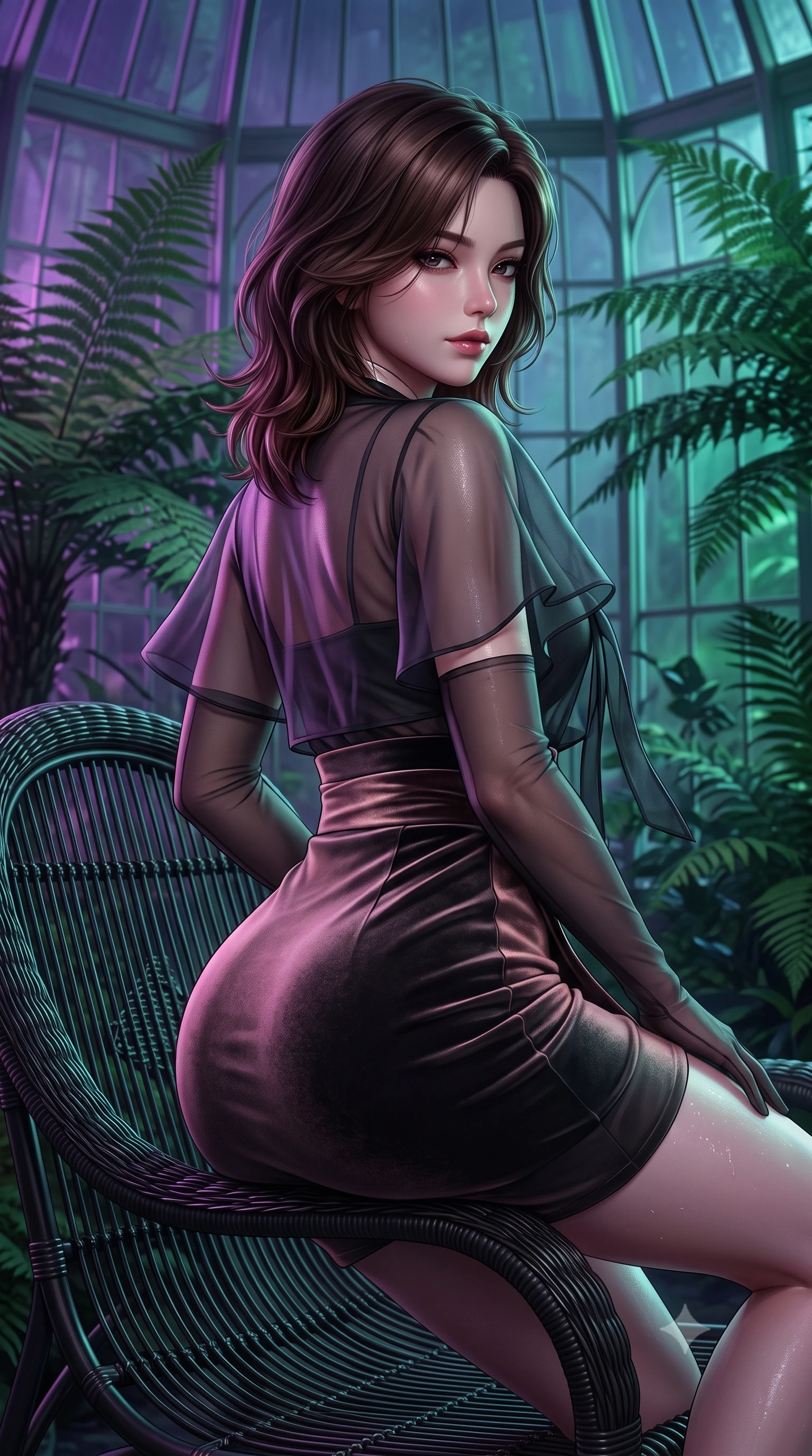 score_9, masterpiece, best quality, ultra-detailed, high-budget anime keyframe, semi-realistic 3D game render, editorial fashion photography, tasteful artistic composition, Korean woman. close-up cowboy shot from the waist and thighs up, the character dominates the composition, filling the frame with her large presence. posing in an alluring rear three-quarter angle, turning over a bare shoulder with an intoxicating, smoldering gaze, her hips cocked back to highlight her slim hourglass curve while sitting on a curved vintage black wicker lounger amidst giant prehistoric ferns, arching her back with an intoxicating, alluring expression. The surrounding environment is rendered in vivid detail and crisp panoramic clarity. detailed outfit drape, moisture sheen on skin, and Victorian glasshouse architecture in high clarity. She has an exceptionally elegant, slender, and willowy female figure with an ultra-slim waist, flat toned midriff, narrow ribcage, and sculpted feminine hips creating an alluring, slim hourglass silhouette without bulk. sharp v-shaped jawline, high-bridge nose, intricate jewel-like dark sparkling eyes with dangerous depth, thick curled eyelashes, glossy parted lips with a rich wine sheen, smoldering seductive half-smile with bedroom-eyes, exuding effortless superiority and intoxicating dark allure, flawlessly proportioned anatomical accuracy, strict slender model proportions, natural body alignment, perfectly sculpted long slender limbs, ultra-slim waistline, clean dynamic posture without body distortion. wearing a modern fusion dark hanbok mini dress with a sheer silk organza jeogori and high-waisted velvet wrap skirt in smoky charcoal slate and molten rose gold, crafted from layered gossamer black organza with weightless, smoky flutter, complemented by sheer dark opera gloves reaching past her elbows, the liquid-tight tailored fabric clinging flawlessly to her narrow waist and rounded feminine hips, emphasizing every millimeter of her sculpted slim hourglass curves without any bulky heaviness. bathed in moody ultraviolet and deep emerald ambient backlights filtering through soaring glass panes. highly saturated vibrant anime colors, detailed shading with soft gradients, rich glossy textures, high-contrast stereoscopic depth, volumetric dynamic lighting, master piece, 9:16 ratio