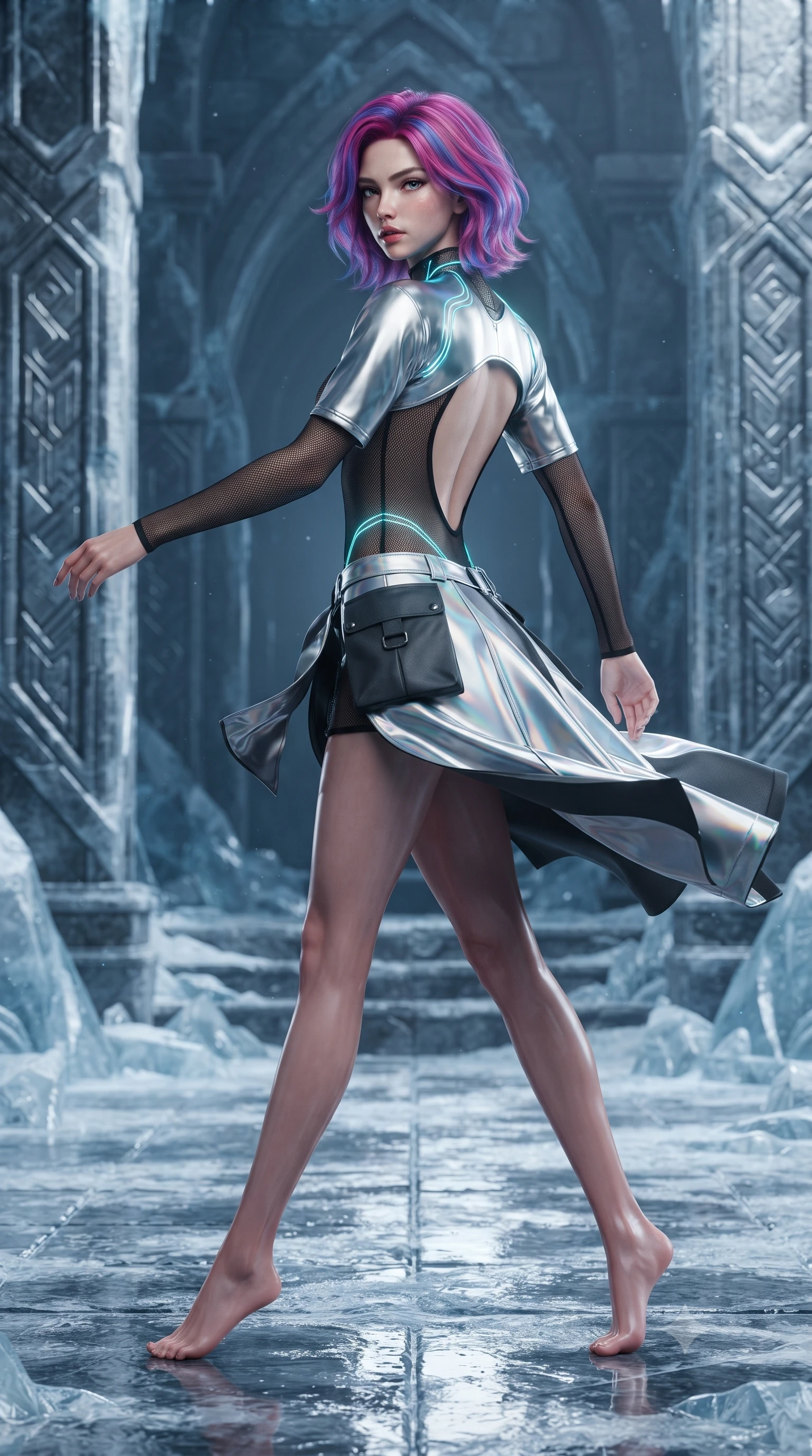 score_9, masterpiece, best quality, ultra-detailed, high-budget anime keyframe, editorial fashion photography, tasteful artistic composition, Caucasian woman. low angle full-body shot from head to toe showing her feet, filling the entire 9:16 vertical frame with her statuesque presence, stretching her vertical silhouette. executing an elegant mid-motion pivot turn as garments swirl around her slender limbs, glancing over her shoulder with an intoxicating bedroom-gaze while striding across the reflective frozen stone temple floor, hips swaying in an alluring rhythm as gale-force winds whip her silk drapery. The surrounding environment is rendered in vivid detail and crisp panoramic clarity. sharp chrome runestone carvings, glacier ice fissure clarity, and titanium armor panel seams in deep focus. She has an absolutely perfect, statuesque 8.5-heads proportion, an exceptionally tall and slender model-like female figure with impossibly long slender legs, a toned flat midriff, an ultra-slim waist, and beautifully sculpted feminine hips. sharp v-shaped jawline, high-bridge nose, intricate jewel-like eyes with depth, thick eyelashes, glossy parted lips with a natural sheen, intensely captivating and seductive bedroom-eyes expression, flawlessly proportioned anatomical accuracy, strict slender model proportions, natural body alignment, perfectly sculpted long slender limbs, ultra-slim waistline, clean dynamic posture without body distortion. wearing a futuristic sheer mesh bodysuit layered under a metallic silver shrug bolero and micro cargo skirt in holographic silver prism and deep graphite, crafted from flexible ballistic matte leather and aerodynamic stretch neoprene, accented with glowing cyan LED circuit lines tracing her hip bones and collarbones, the dramatically scooped open back descending to the base of her spine, accentuating her razor-sharp statuesque lines and curvy hourglass silhouette. surrounded by an indomitable, lethal, and breathtakingly majestic cyber-valkyrie goddess aura. ultra-reflective glossy finish, specular highlights, rich textural contrasts, high-contrast stereoscopic depth, volumetric dynamic lighting, 2k, ultra detail, master piece, 9:16 ratio